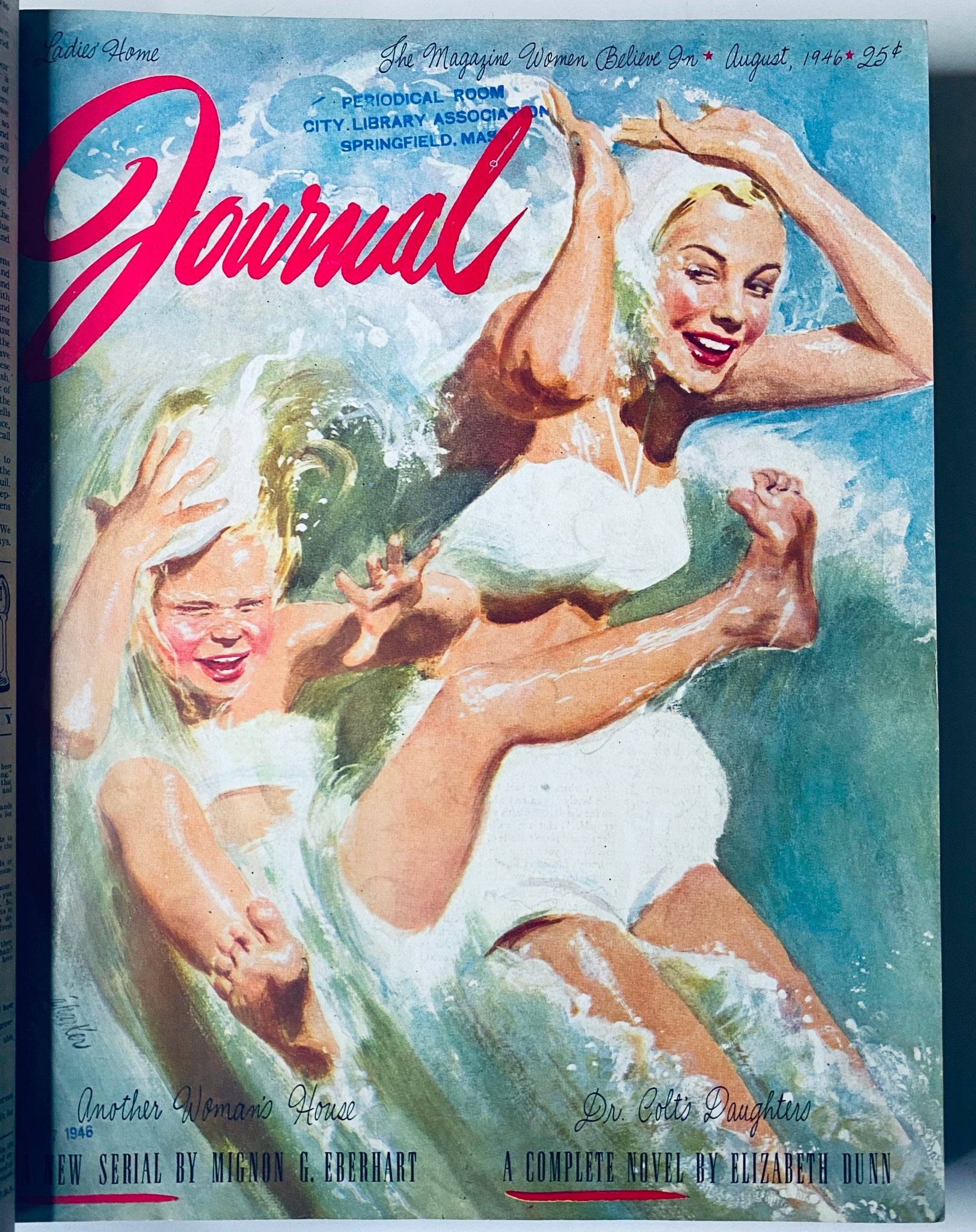 Cover of Ladies' Home Journal Bound Magazine 1946 showing two women enjoying summer fun in the water, representing leisure and family activities from August 1946.