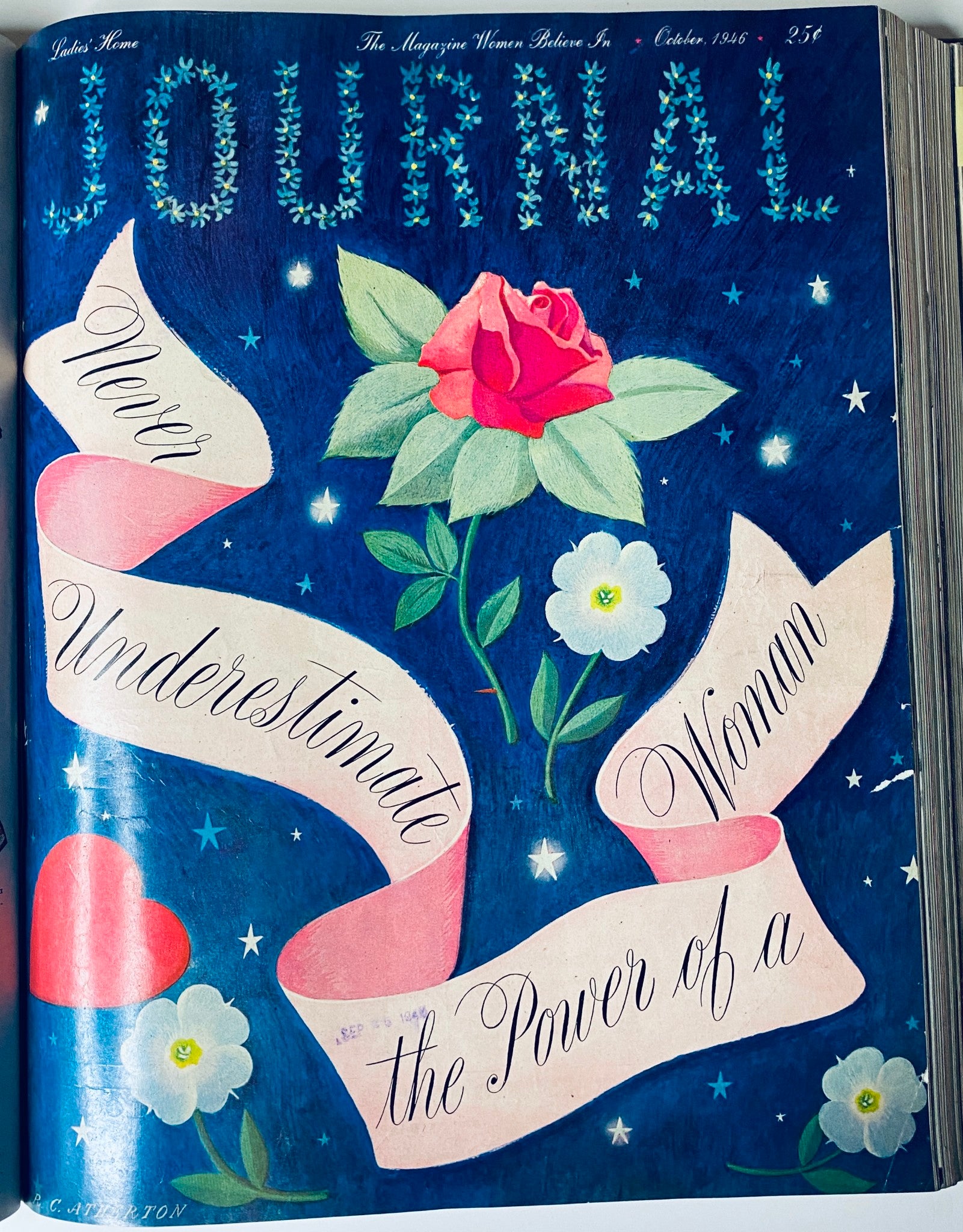 Cover of Ladies' Home Journal Bound Magazine 1946 featuring artistic floral designs and a motivational message from October 1946, showcasing vintage illustration styles.
