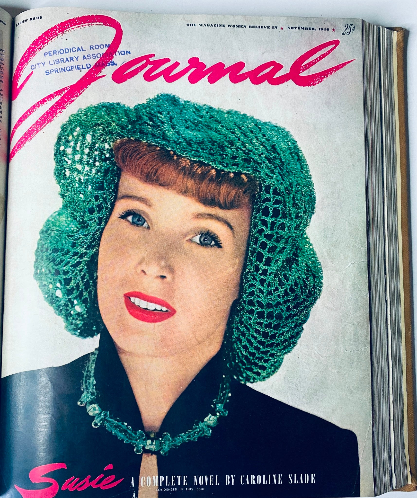 Cover of the Ladies' Home Journal Bound Magazine 1946, featuring a woman in a green outfit and crochet hat, highlighting vintage style from November 1946.