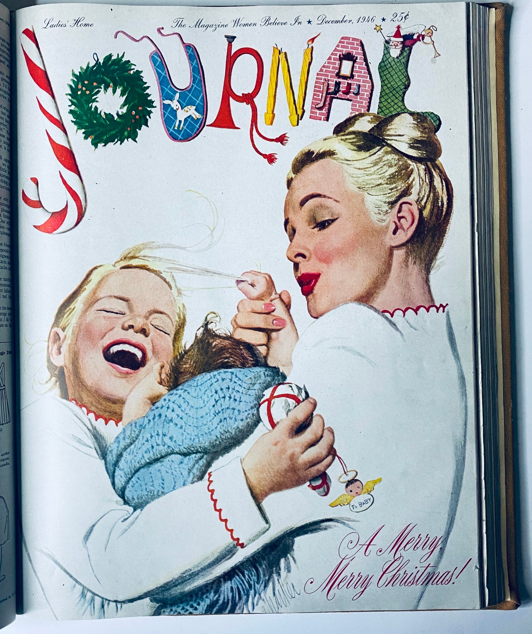Cover of the Ladies' Home Journal Bound Magazine 1946, showcasing a festive December 1946 scene with a mother and children celebrating Christmas.