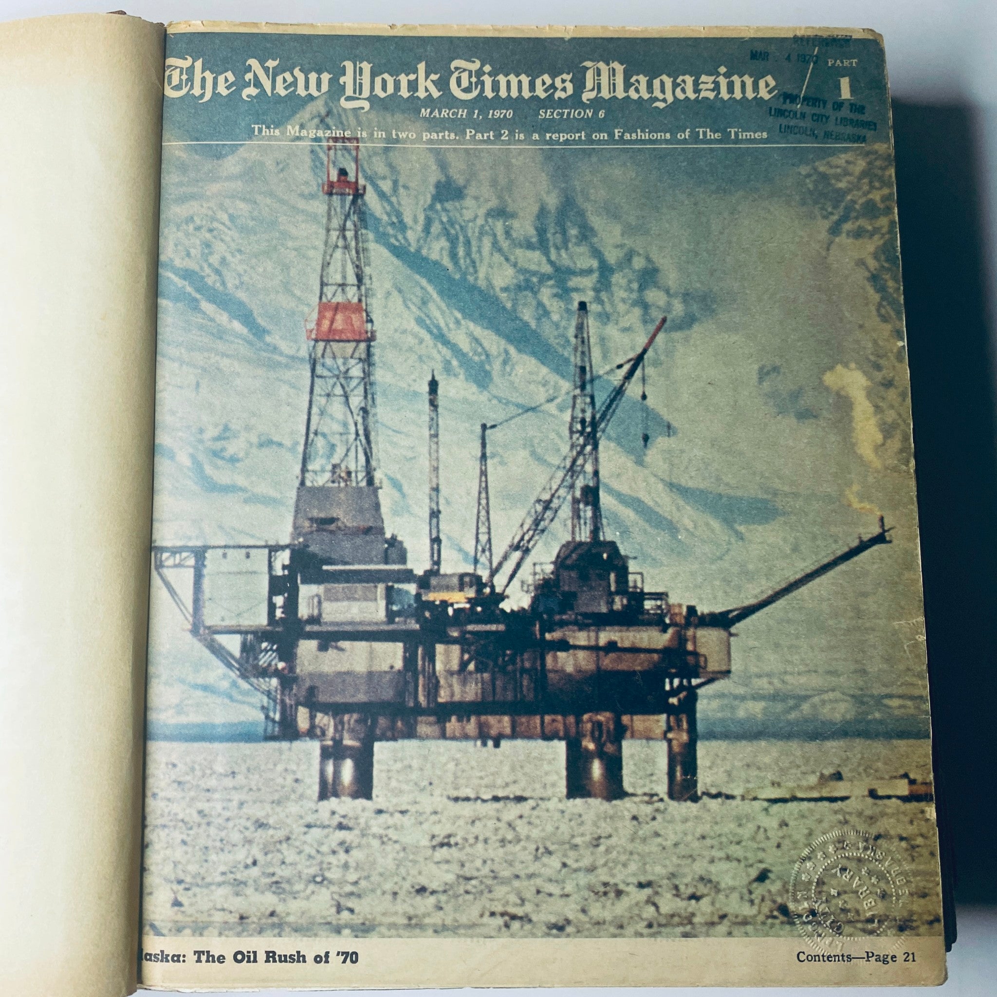 The New York Times Library Edition Bound Magazine March - April 1970, depicting the cover of the March 1, 1970 issue showcasing a dramatic oil rig.