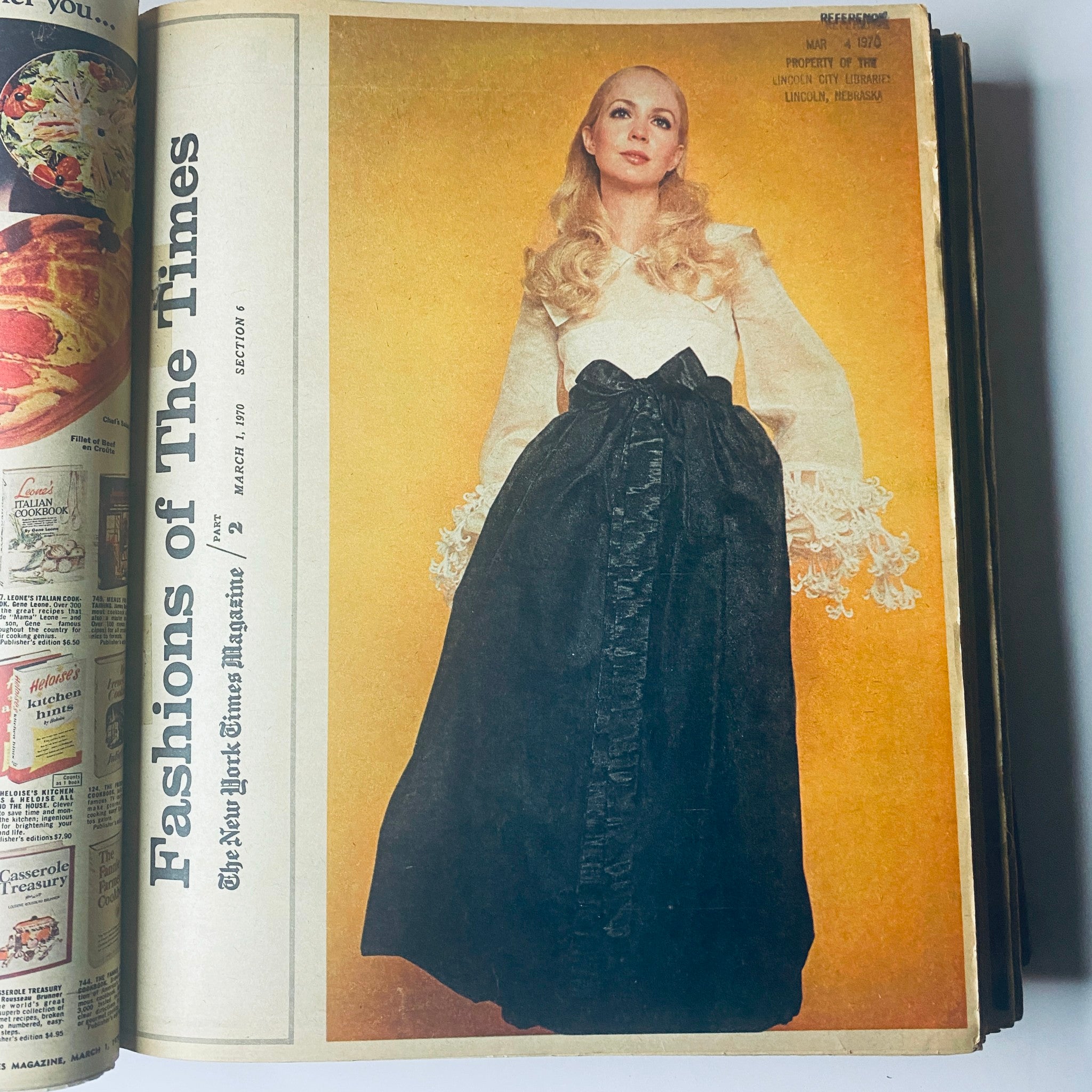 The New York Times Library Edition Bound Magazine showcasing a model in a black skirt and a white blouse with lace details, featured in the March 1, 1970 issue. This image captures the essence of 1970s fashion and design.