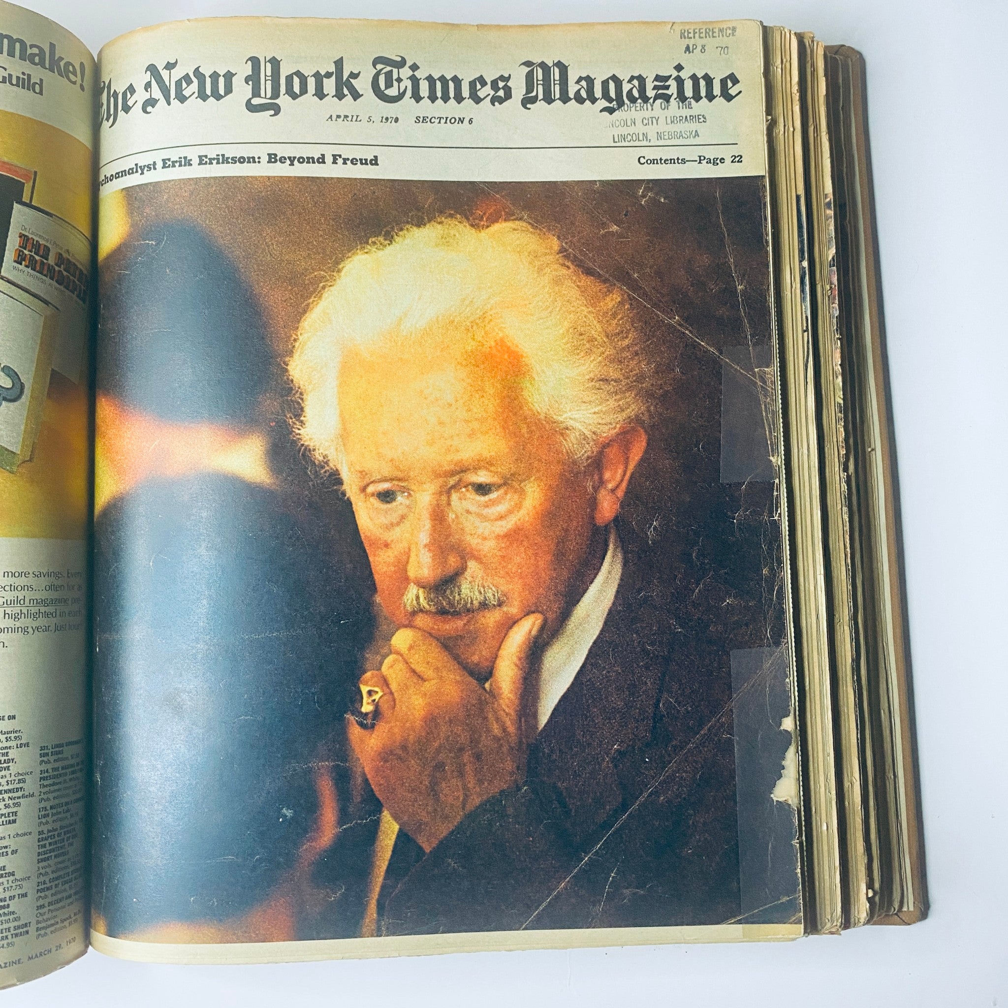 The New York Times Library Edition Bound Magazine - April 5, 1970. Cover displays a portrait of analyst Erik Erikson, representing the theme of psychology and introspection.