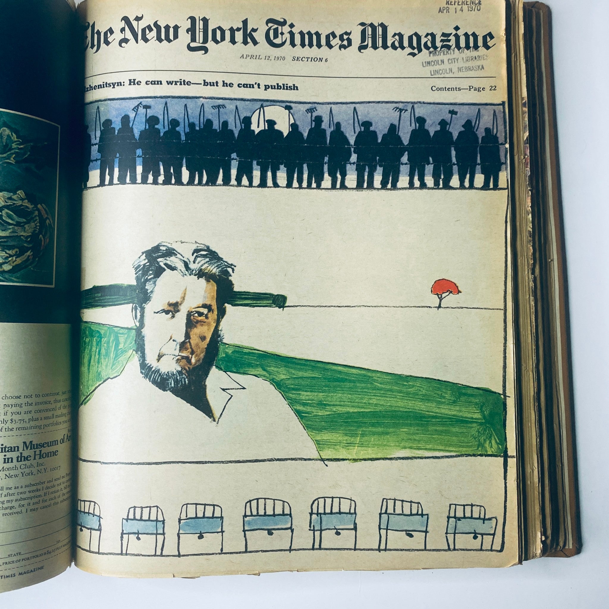 The New York Times Library Edition Bound Magazine - April 12, 1970. Cover illustrates a stylized drawing of a man, with a line of figures in the background, emphasizing themes of censorship and repression.