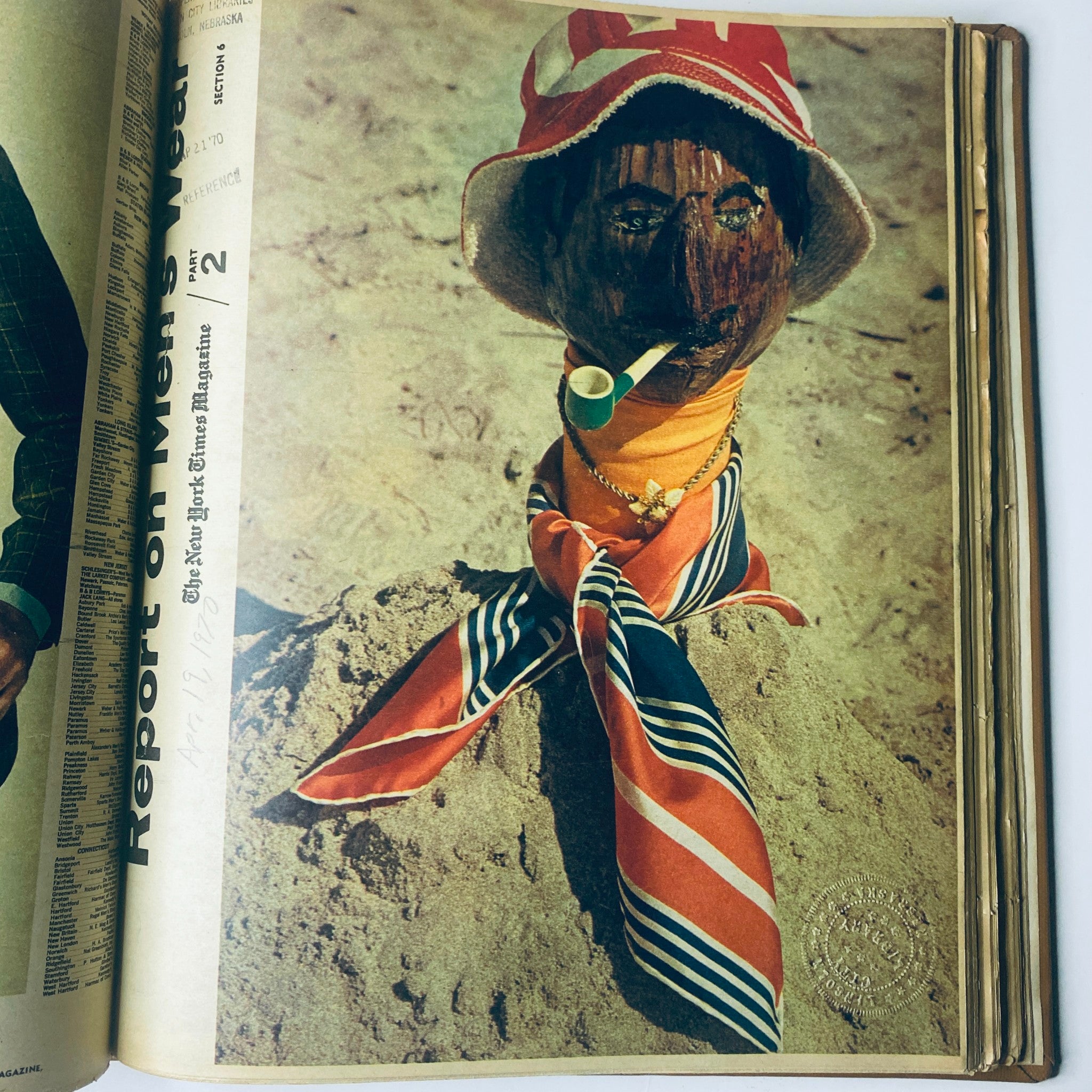 The New York Times Library Edition Bound Magazine - April 19, 1970. Cover showcases a uniquely dressed figure made of wood and sand, reflecting a whimsical take on beach culture.