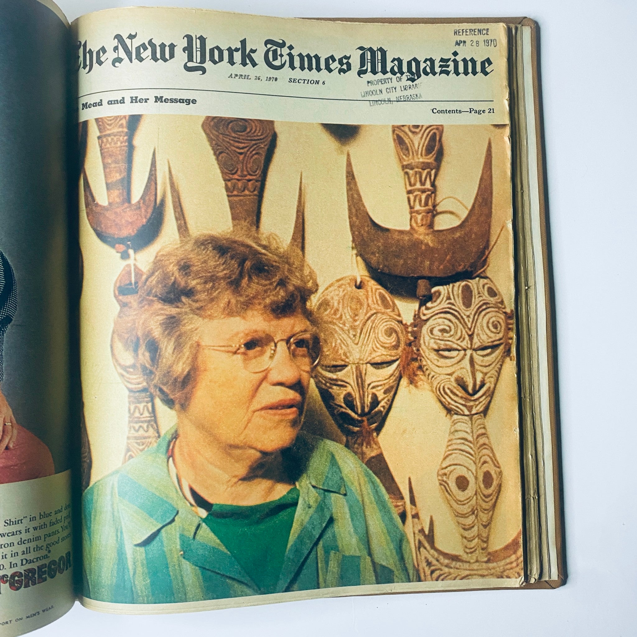 The New York Times Library Edition Bound Magazine, featuring a photo of a woman in a striped top alongside tribal masks, from the April 26, 1970 issue.