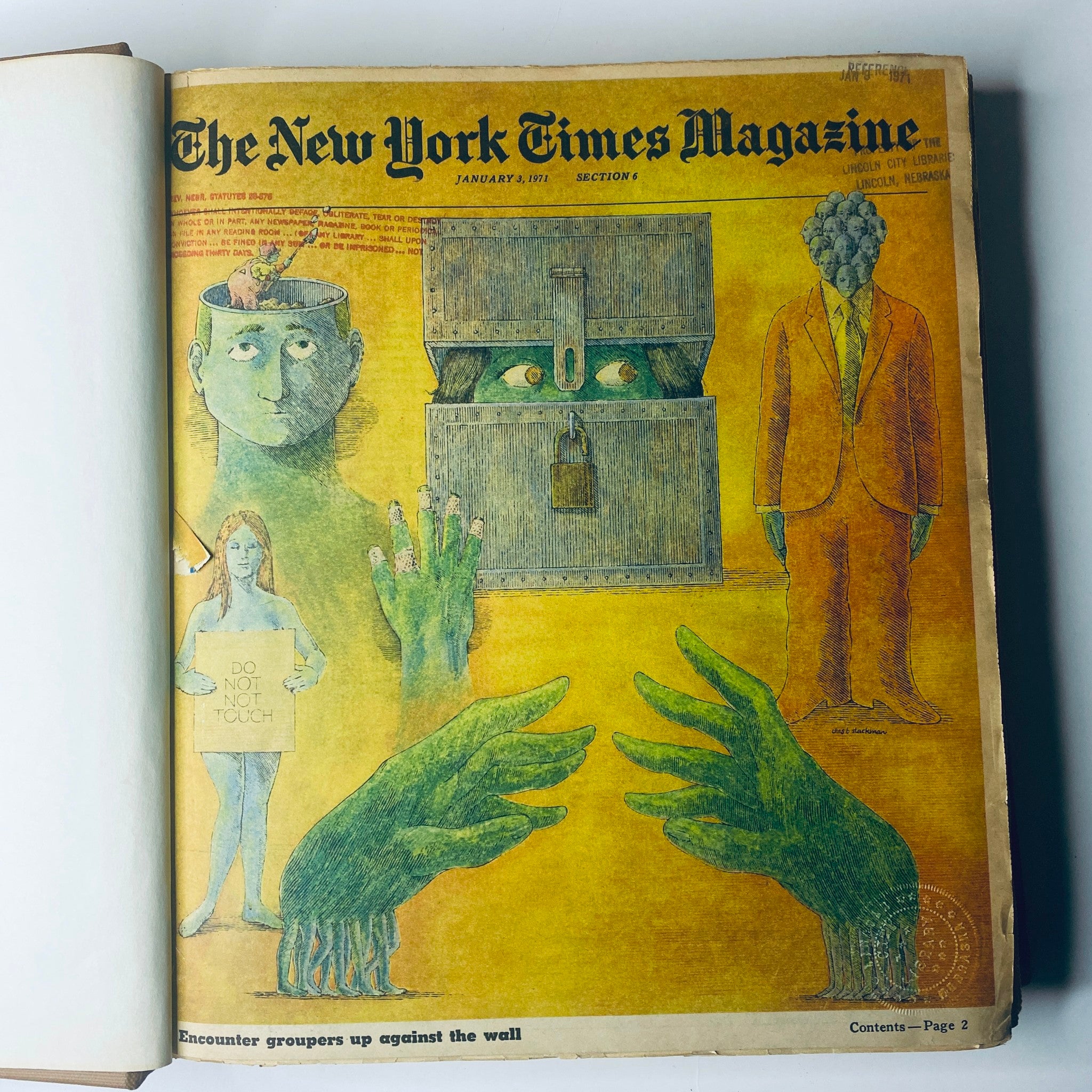 Interior cover of The New York Times Magazine from January 3, 1971, displaying colorful artwork and the unique design, part of the Library Edition Bound Magazine.