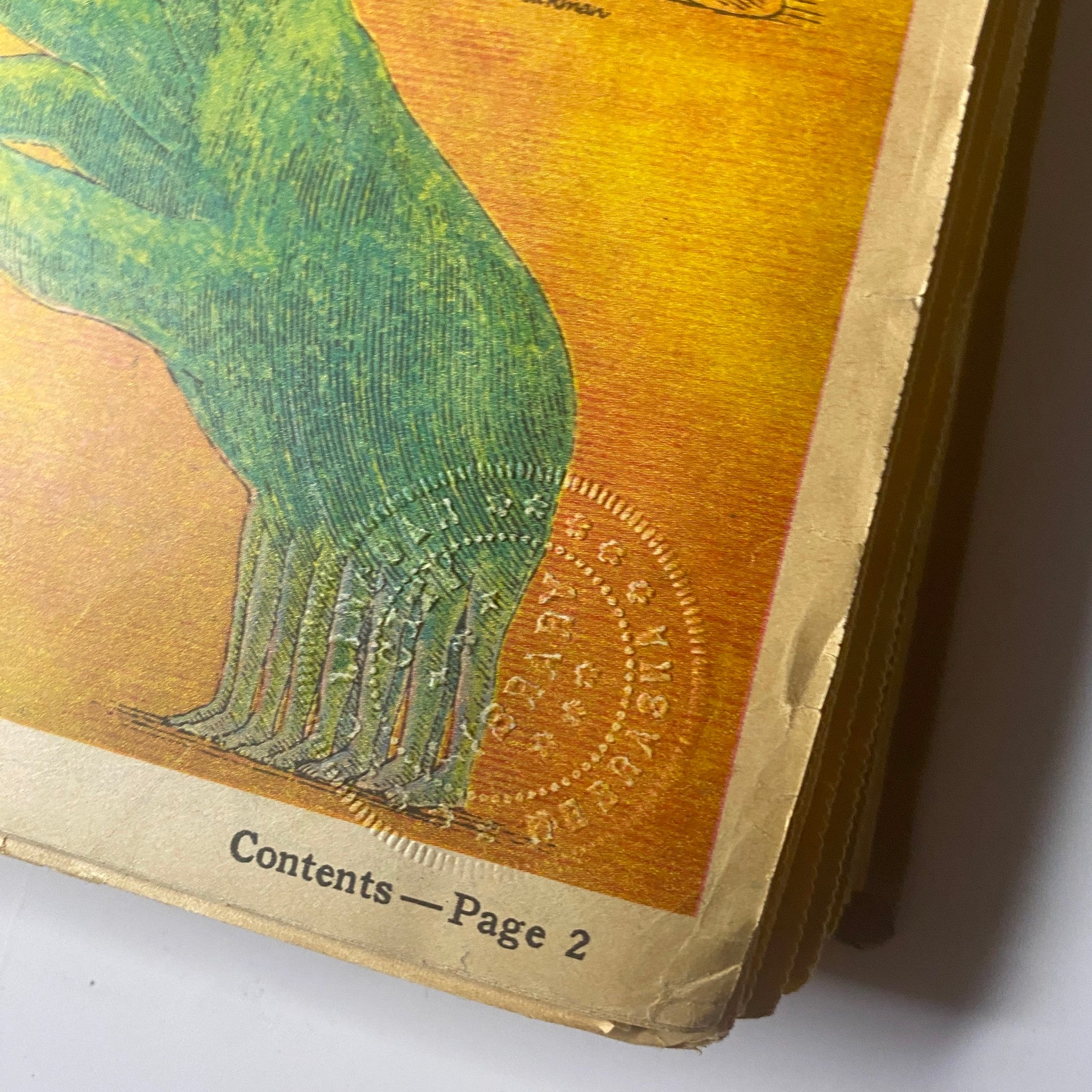 The New York Times Library Edition Bound Magazine January - February 1971, featuring an artistic illustration on the page contents showing a green hand against a golden background, highlighting an archival feature.