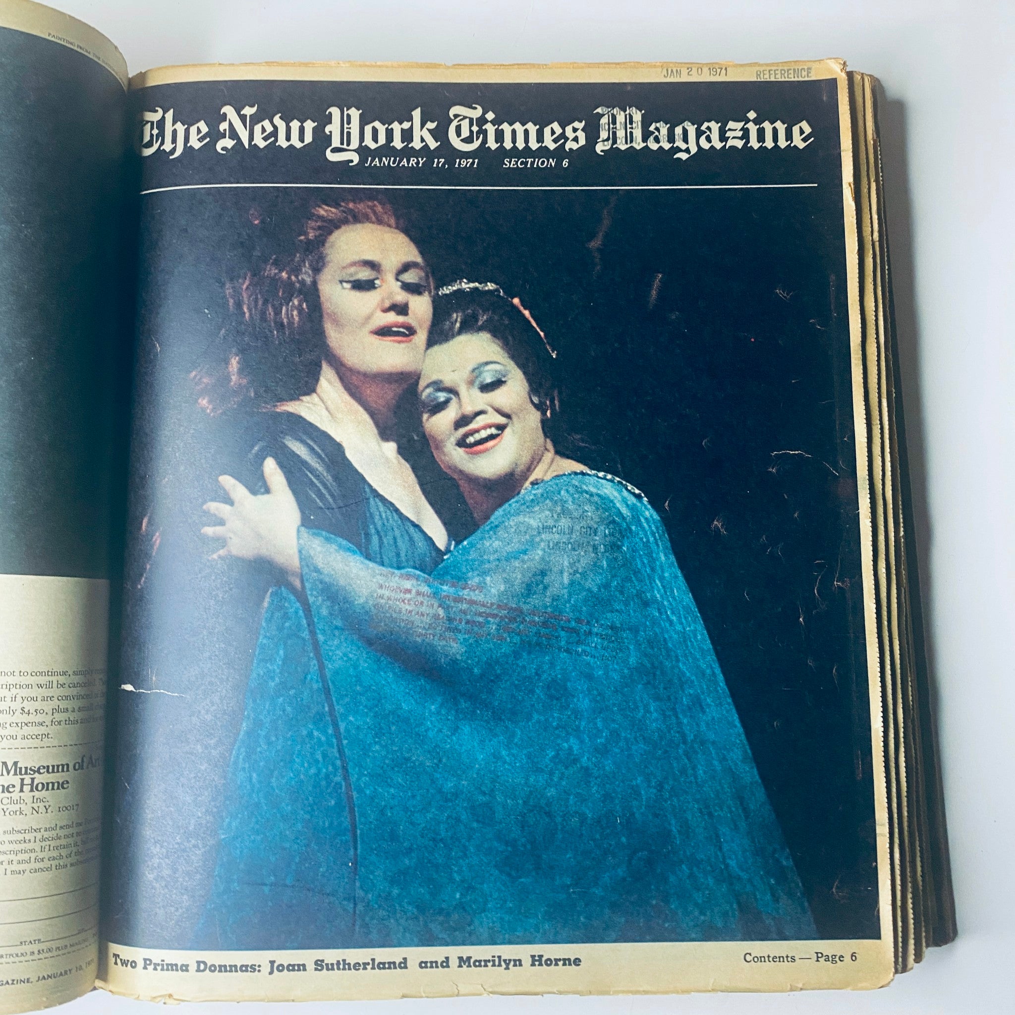 The New York Times Library Edition Bound Magazine January - February 1971 cover for January 17, showcasing a dramatic image of opera singers Joan Sutherland and Marilyn Horne, emphasizing the cultural significance of the period.