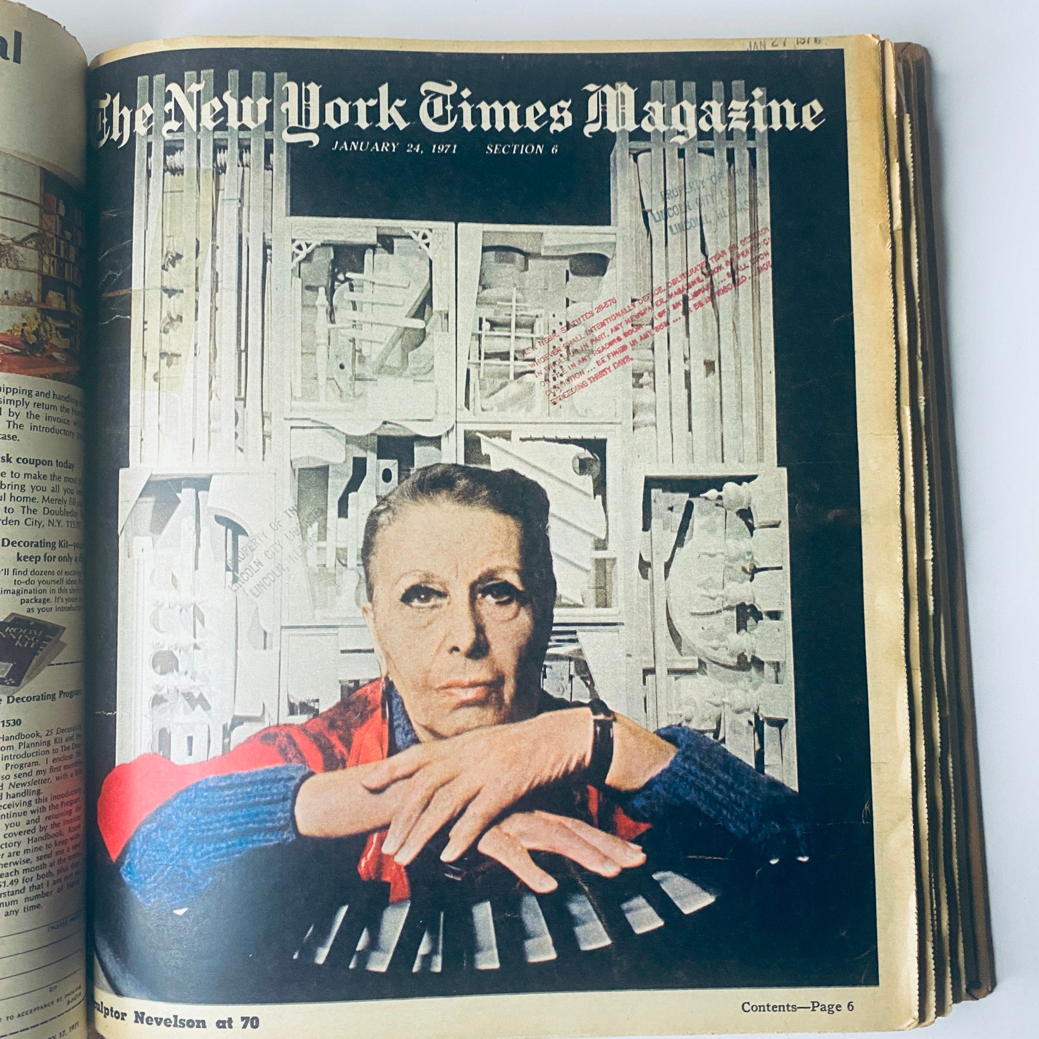 The New York Times Library Edition Bound Magazine January - February 1971 cover for January 24, featuring a portrait of artist Louise Nevelson in front of her work, highlighting the intersection of art and media during that era.