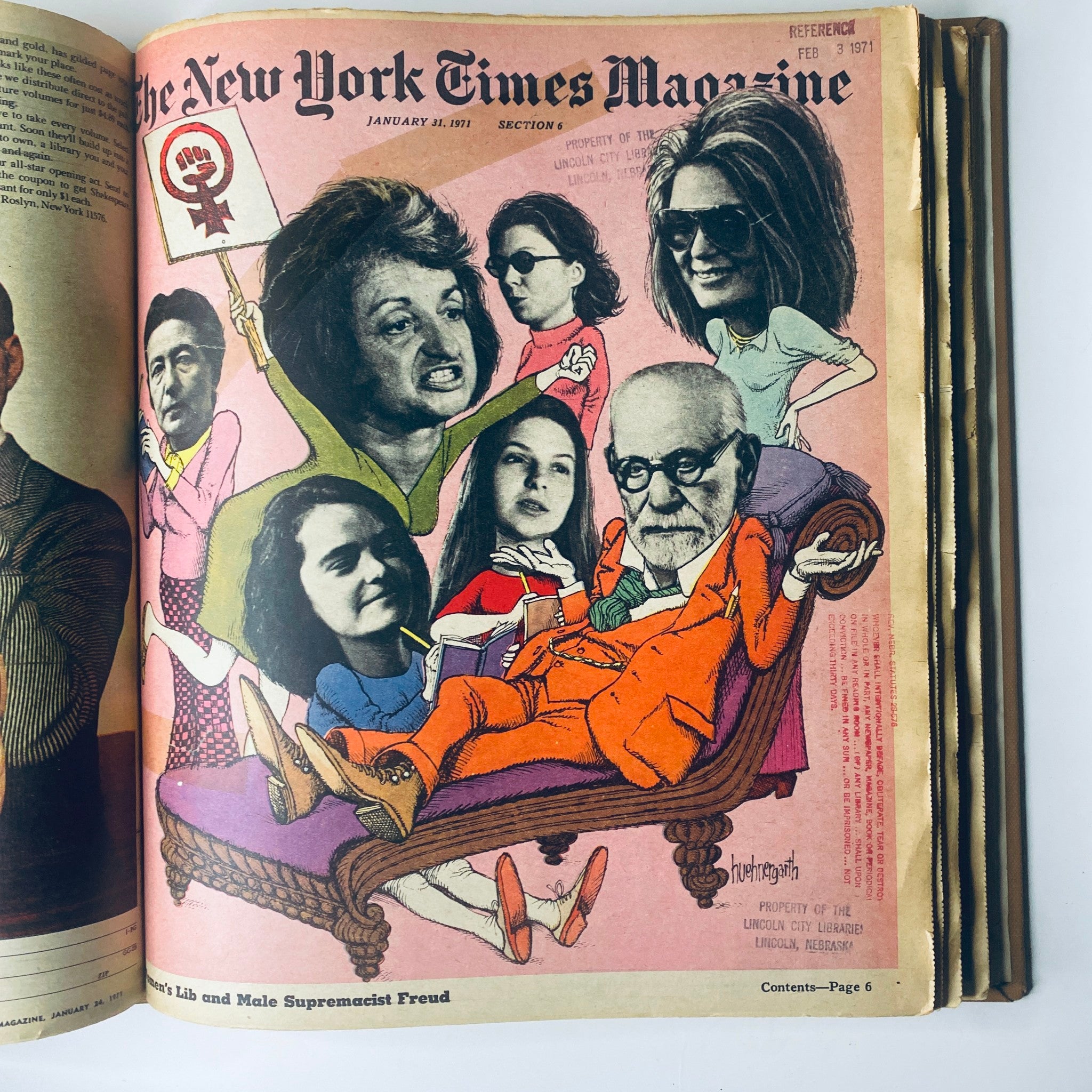 The New York Times Library Edition Bound Magazine January - February 1971 cover for January 31, illustrating a vibrant artistic representation of various notable women, reflecting the feminist movements of the early 1970s.