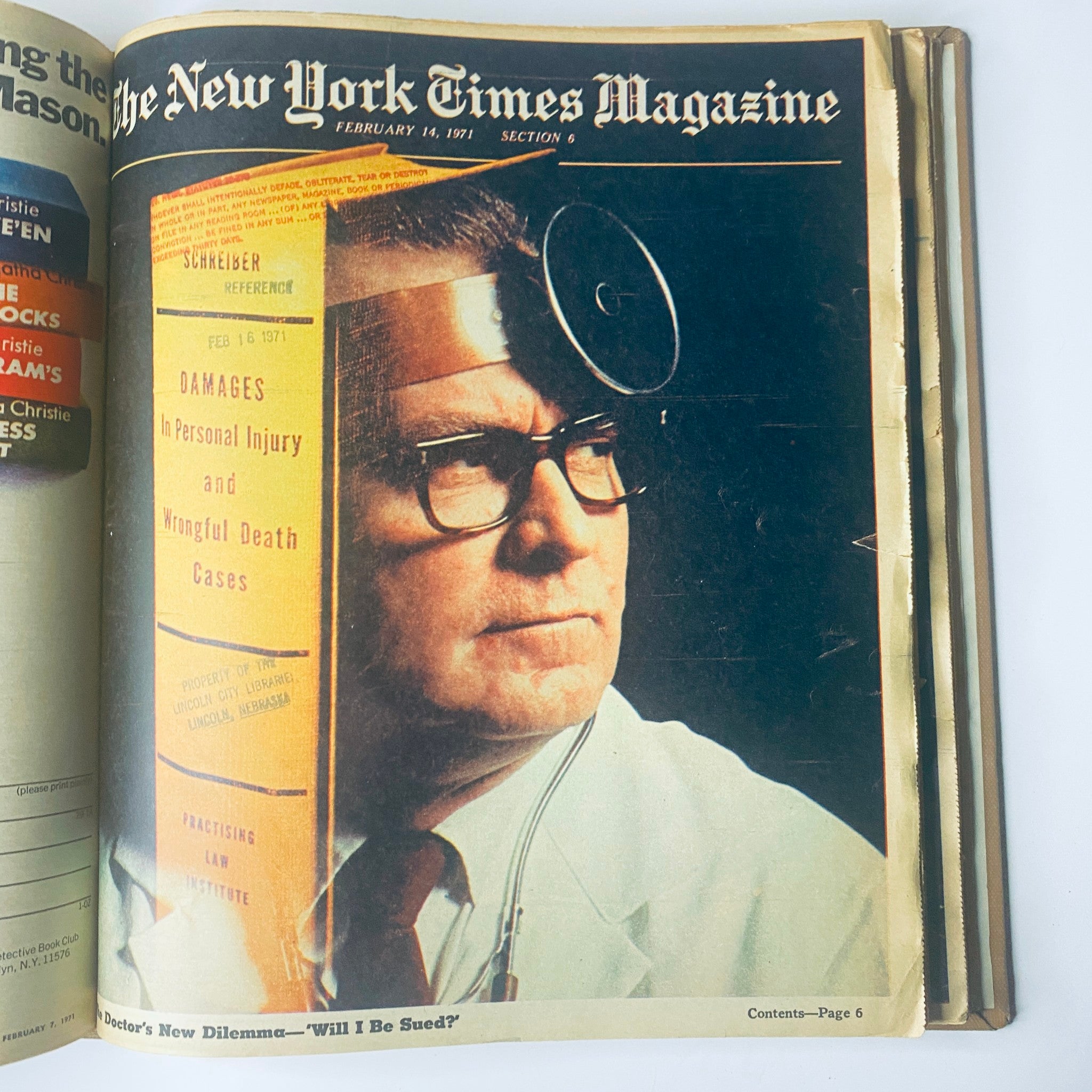 Cover of The New York Times Library Edition Bound Magazine depicting a man wearing glasses with a stethoscope, examining legal books, January - February 1971.