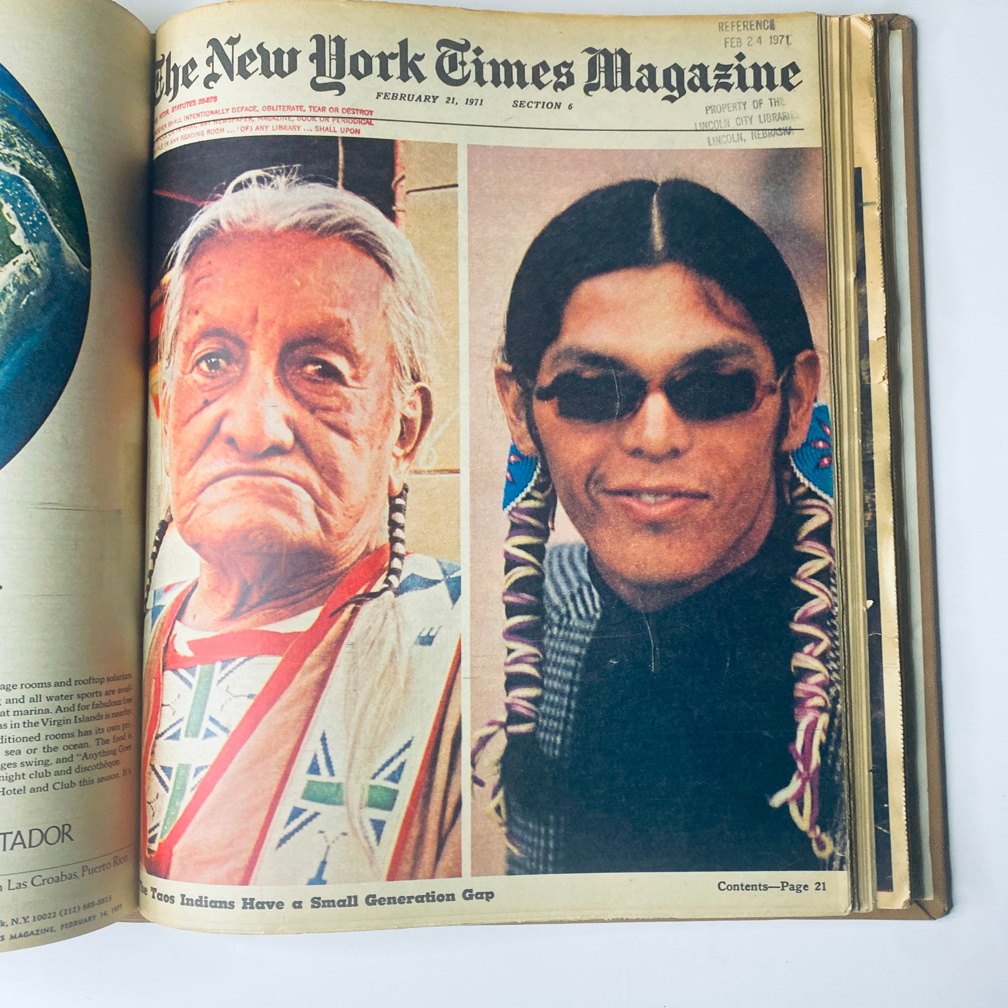 Cover image of The New York Times Library Edition Bound Magazine showcasing two Native Americans, portraying cultural heritage, January - February 1971.