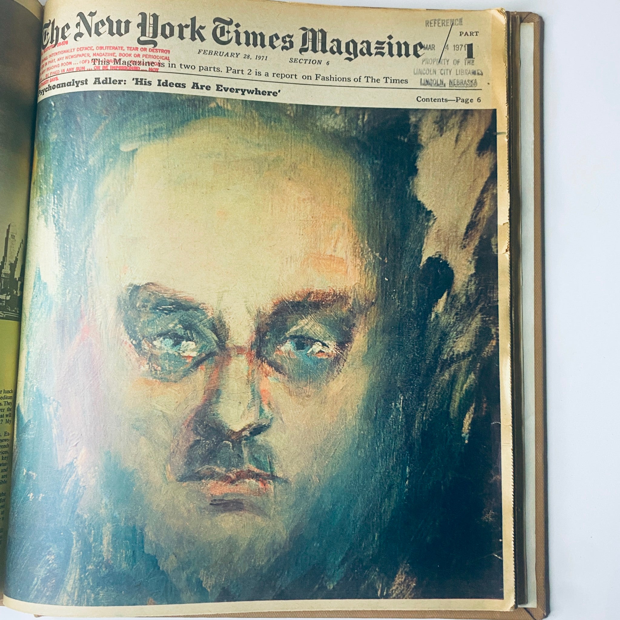 Artistic cover of The New York Times Library Edition Bound Magazine featuring a painted portrait of a man, February 28, 1971.