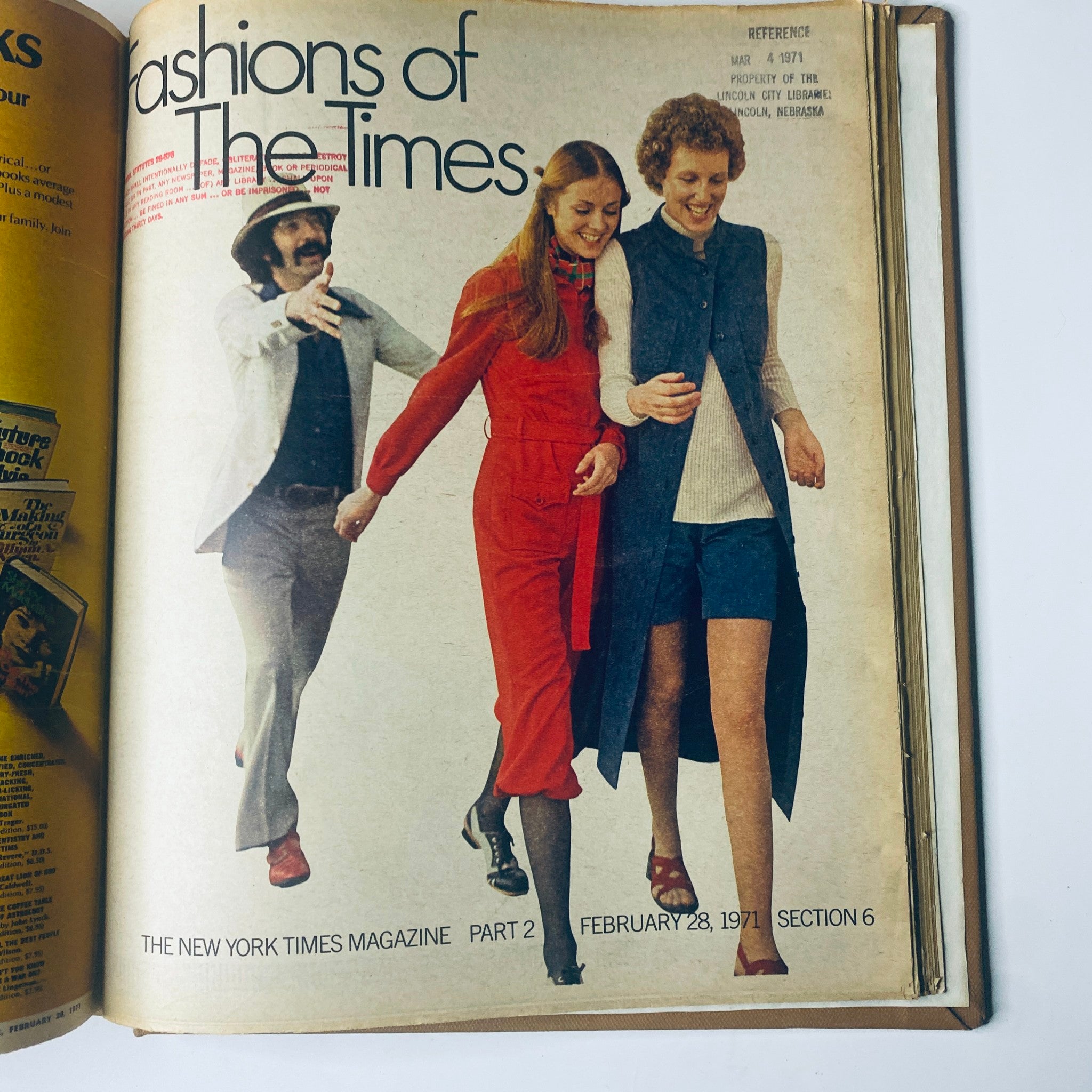 Fashion cover of The New York Times Library Edition Bound Magazine displaying individuals in vintage attire, highlighting 1970s fashion trends, February 28, 1971.