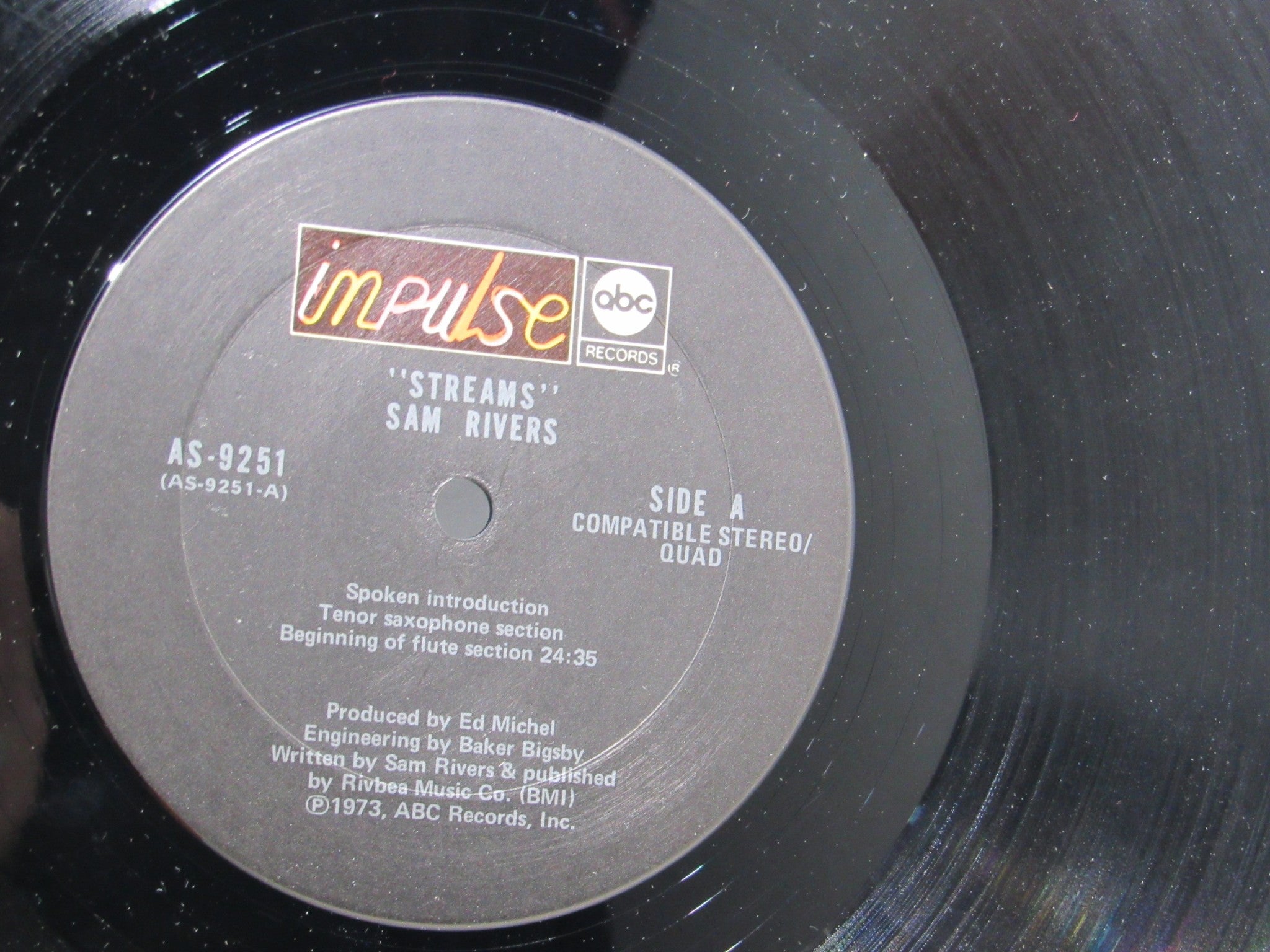 Close-up view of the label of Sam Rivers: Streams Impulse! AS-9251 Gatefold Stereo Quadraphonic LP, featuring side A details and catalog number.