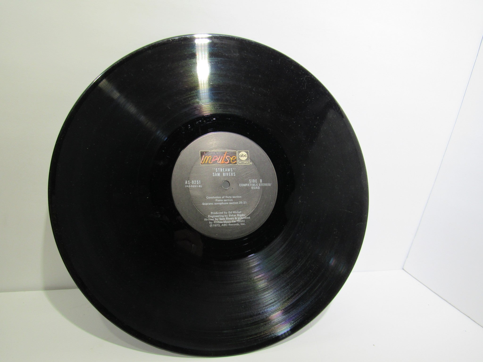 Another perspective of the vinyl record Sam Rivers: Streams Impulse! AS-9251, showcasing the glossy finish and label details.