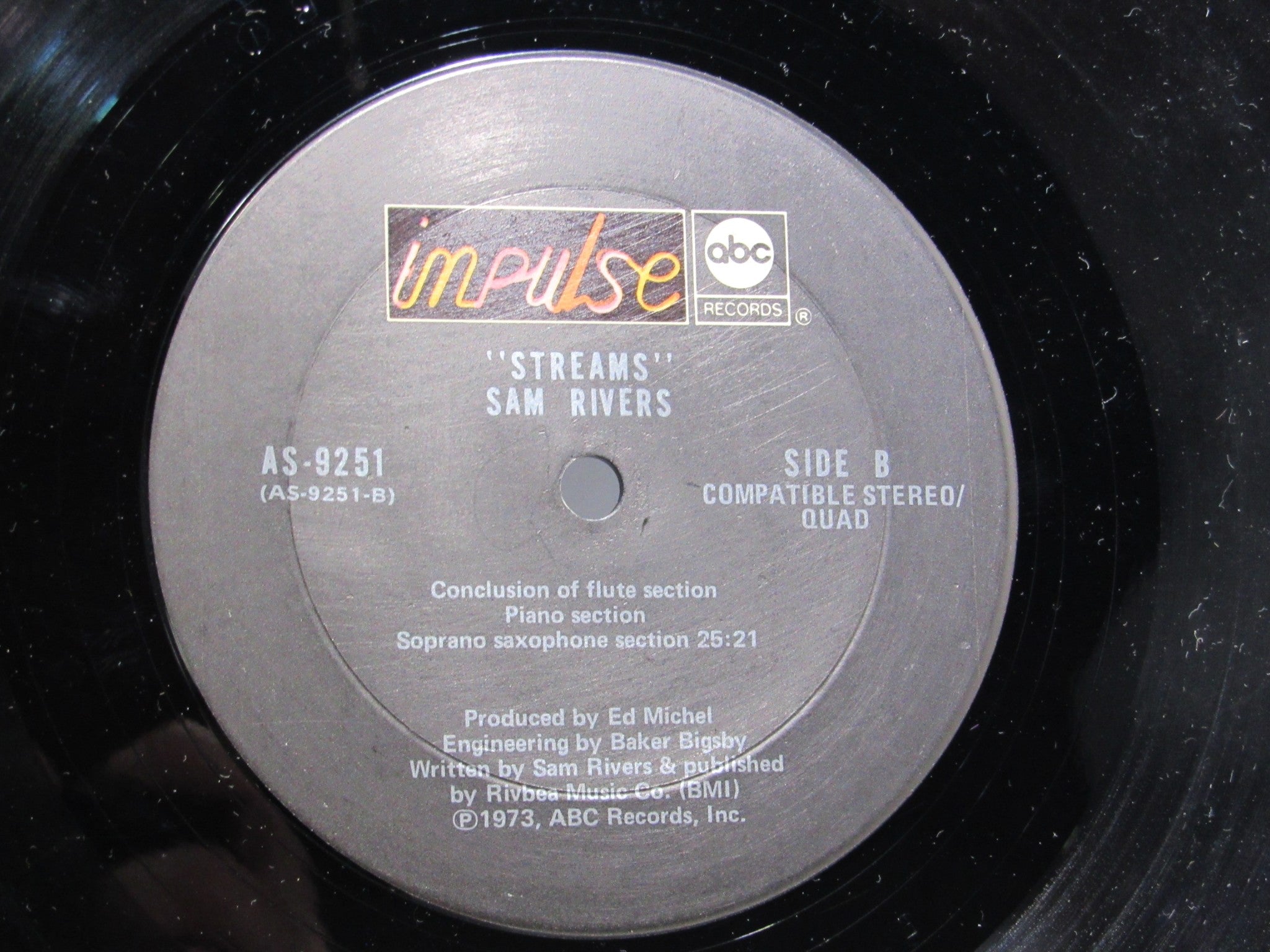 Close-up of the label on side B of Sam Rivers: Streams Impulse! AS-9251 Gatefold Stereo Quadraphonic LP, highlighting the music content.