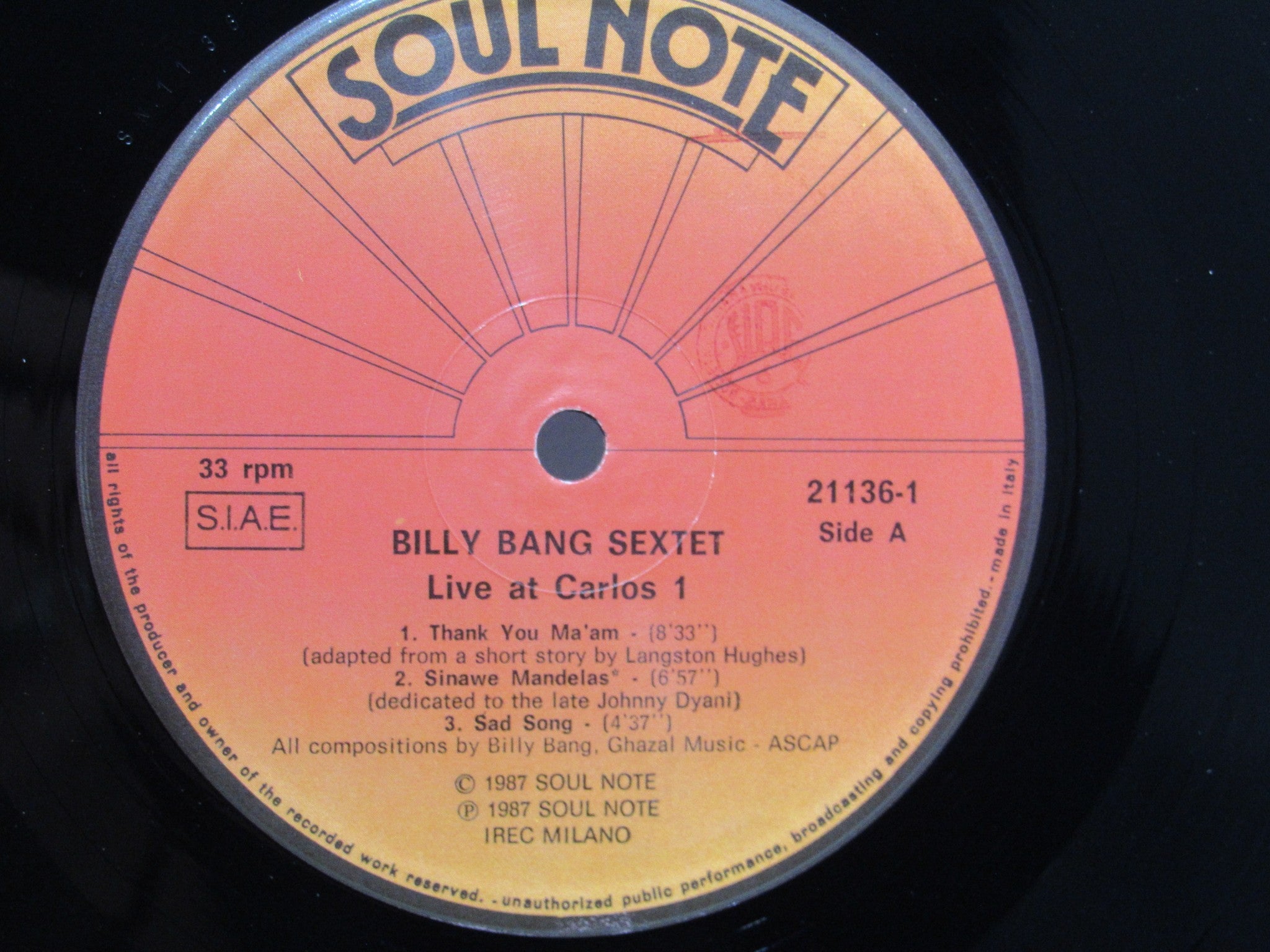 Billy Bang Sextet: Live At Carlos 1 Soul Note 121136-1 LP Grade: VG