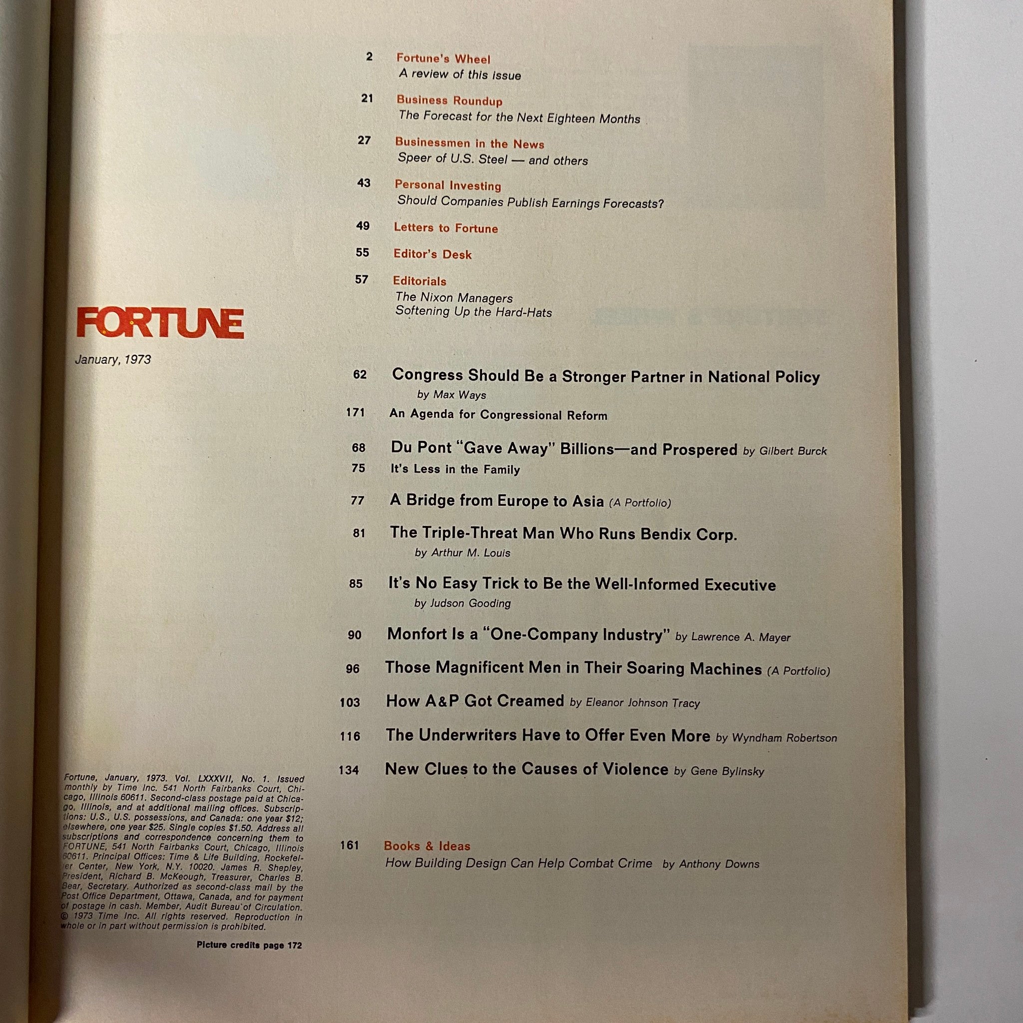 Table of contents page of Fortune Magazine January 1973, highlighting articles including 'Congress Should Be a Stronger Partner in National Policy' and 'Du Pont 'Gave Away' Billions and Prospered'.