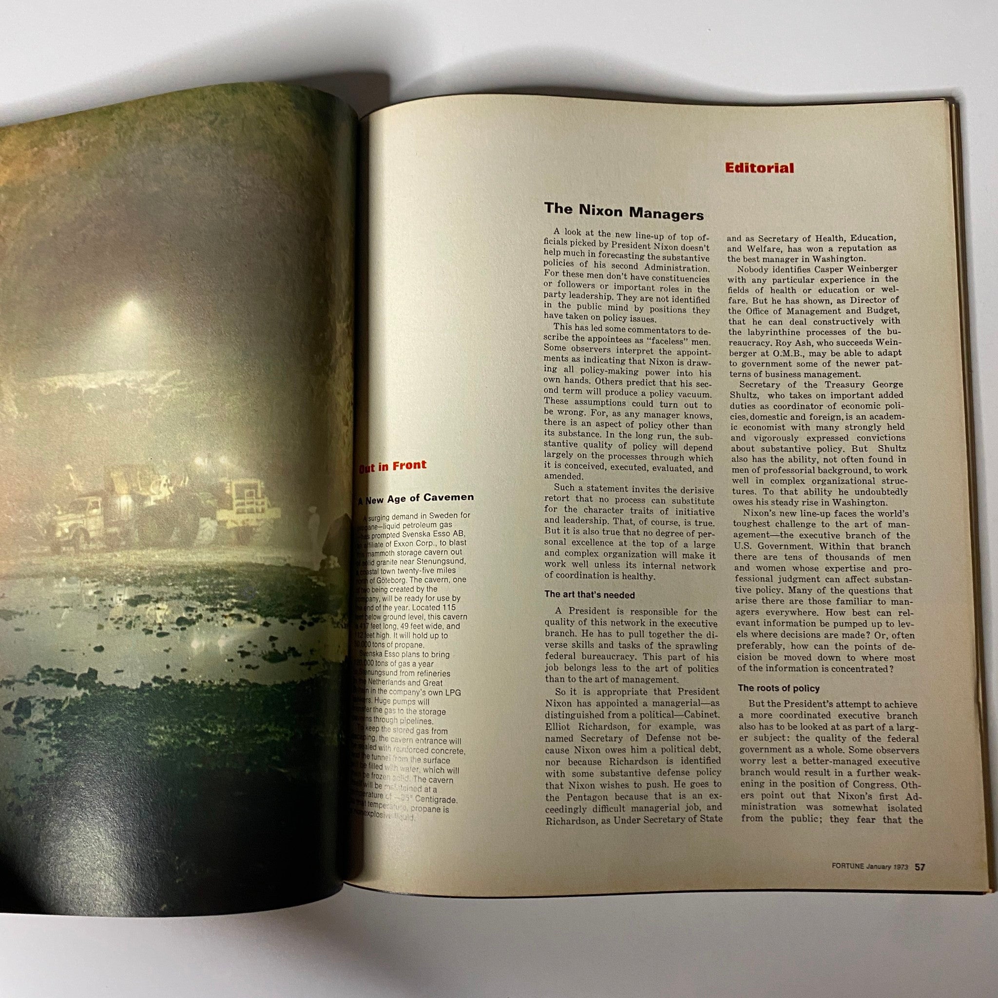 Editorial page from Fortune Magazine January 1973 titled 'The Nixon Managers', discussing political appointments during Nixon's administration.
