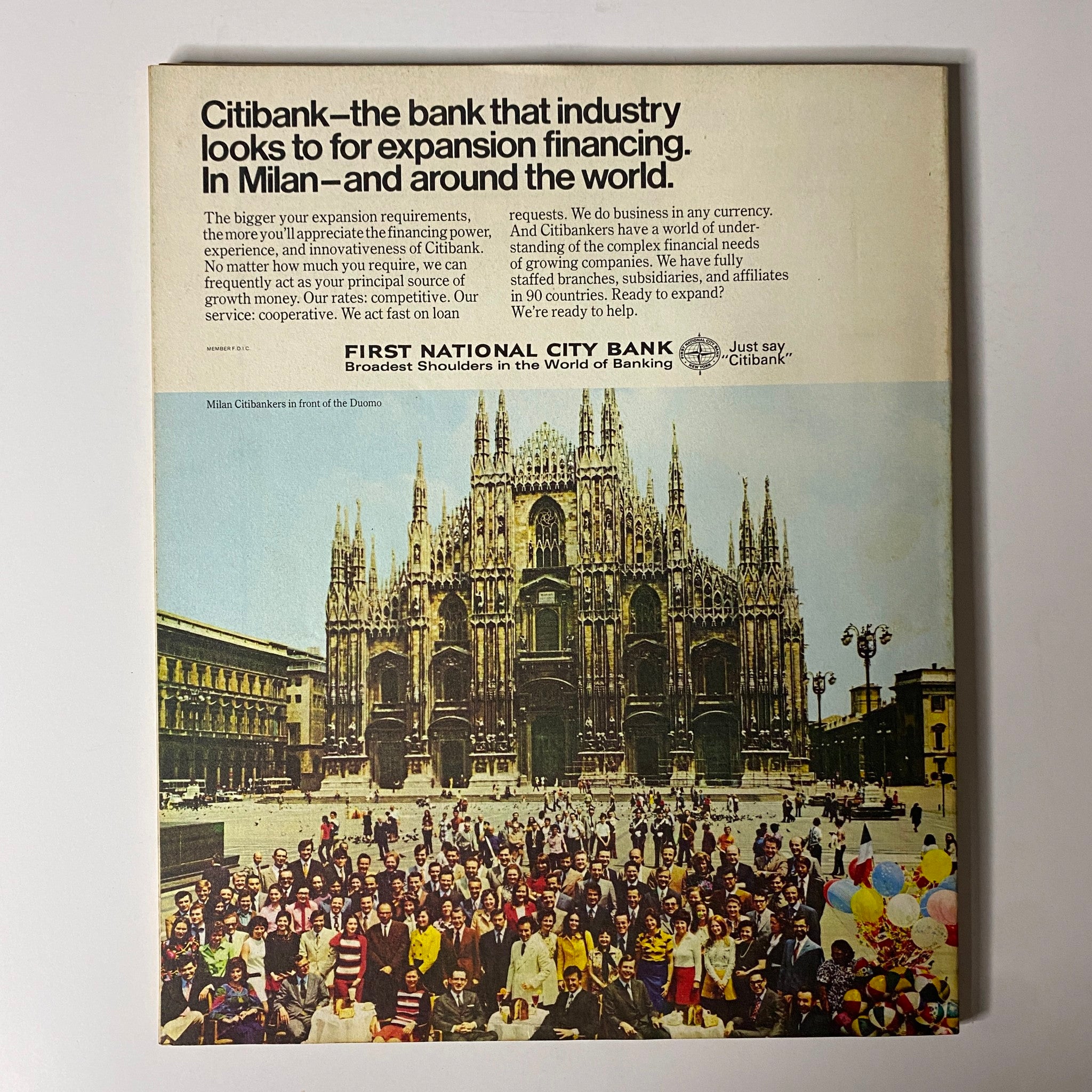 Cover of Fortune Magazine January 1973 featuring an advertisement by Citibank showcasing expansion financing opportunities in Milan, surrounded by a crowd in front of the iconic Duomo.
