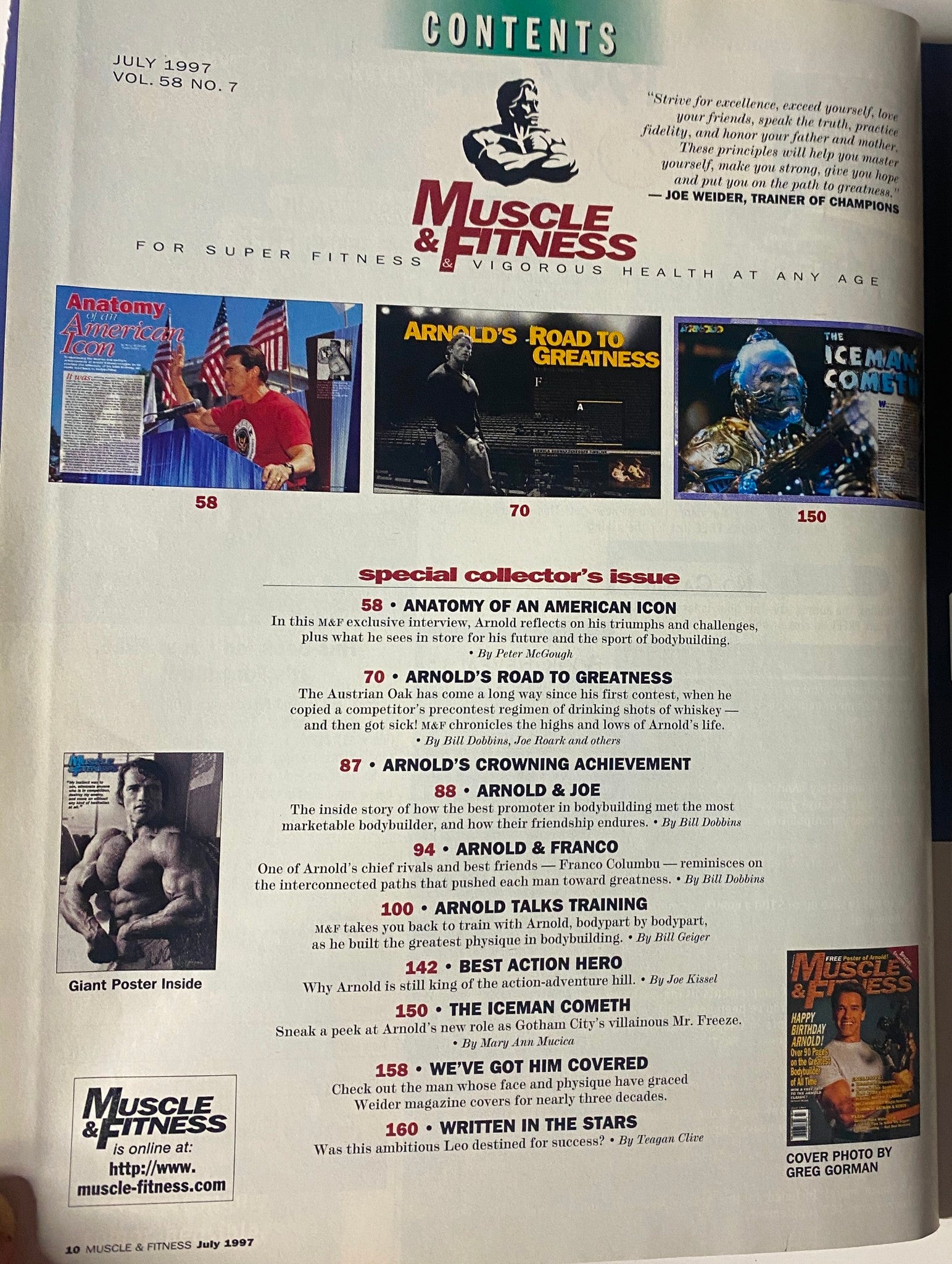 Contents page of Muscle & Fitness Magazine, July 1997, Vol 58 No 7, showcasing articles like 'Anatomy of an American Icon' and 'Arnold's Road to Greatness'.