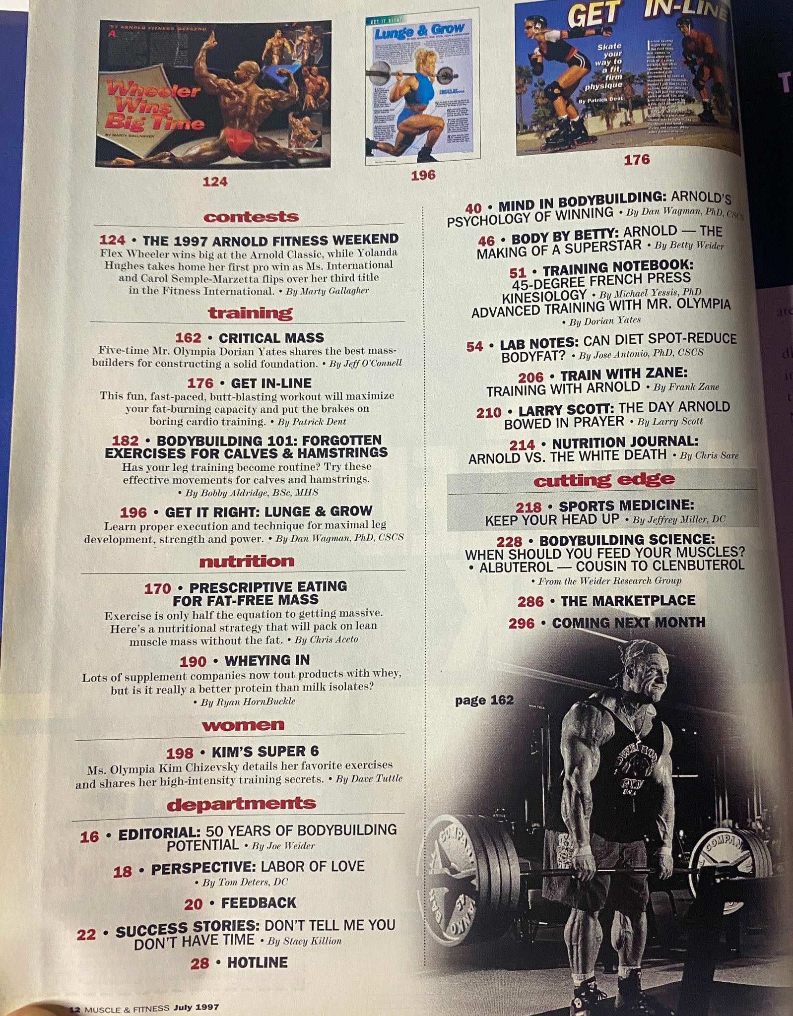 Detailed contents page of Muscle & Fitness Magazine, July 1997, Vol 58 No 7, listing features on contests, training techniques, nutrition, and articles about Arnold Schwarzenegger.