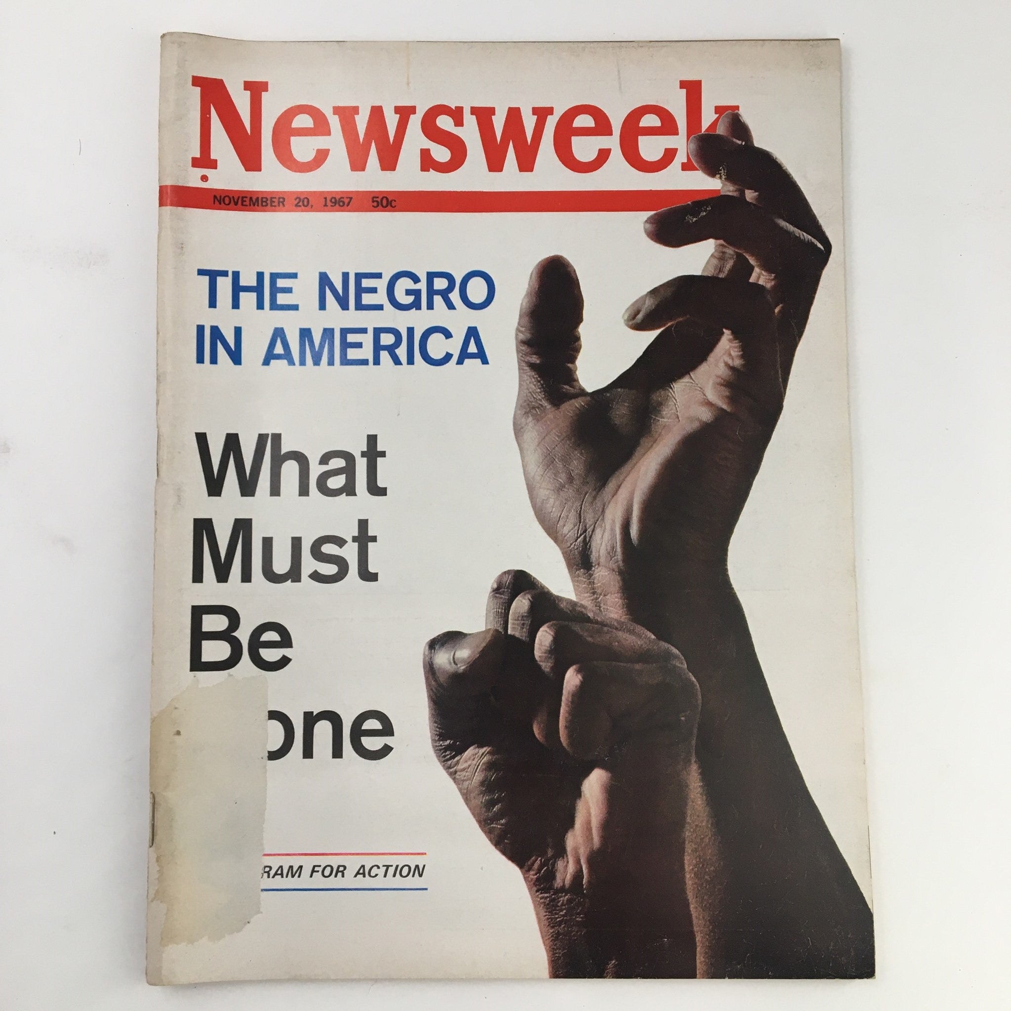 Cover of Newsweek Magazine from November 20, 1967 featuring the title 'The Negro in America' with the phrase 'What Must Be Done' illustrated with hands symbolizing action.