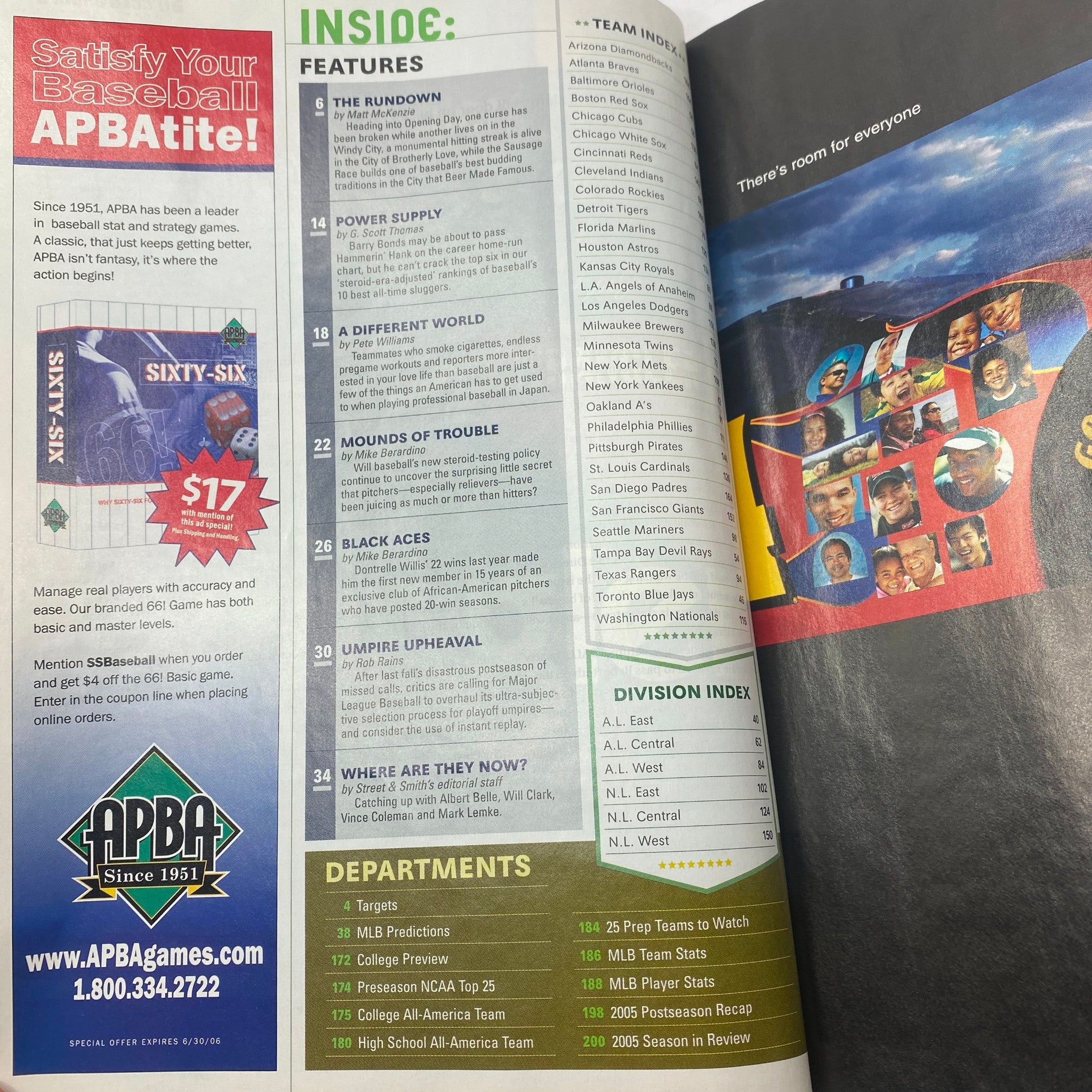 Inside page of Street & Smith's Baseball Magazine 2006, featuring detailed articles and sections, showcasing the essence of baseball culture during the mid-2000s.