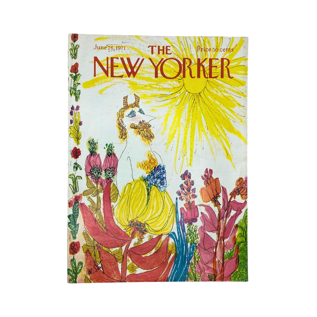 Cover of The New Yorker magazine from June 26, 1971, featuring colorful illustration by William Steig, showcasing a vibrant sun and floral elements.