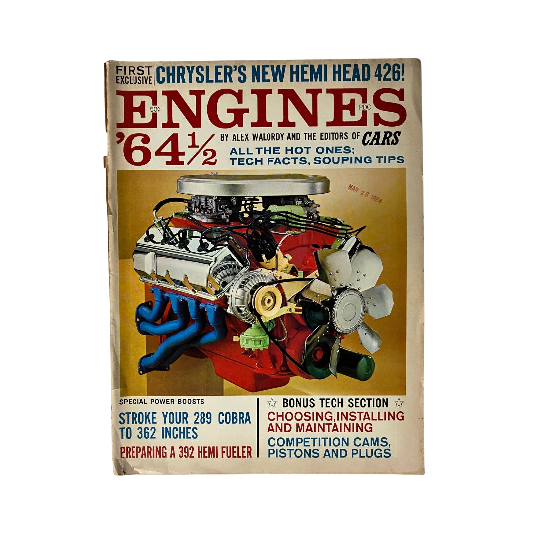 Cover of VTG Engines Magazine 1964 featuring the title 'Stroke Your 289 Cobra to 362 Inches No Label', showcasing an illustrated engine with technical highlights.