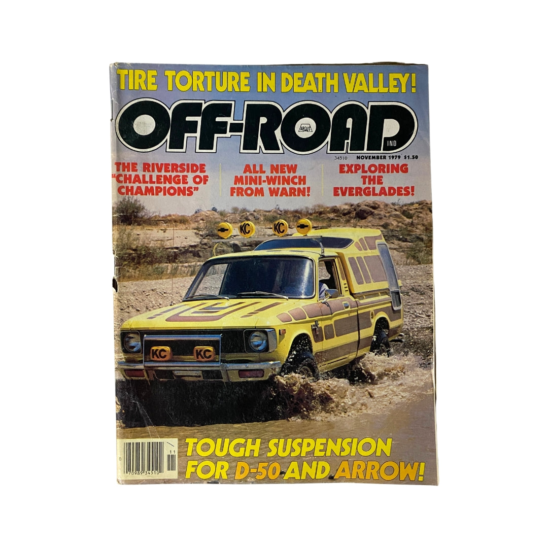 Cover of VTG Off-Road Magazine November 1979 featuring the Riverside Challenge of Champions and a vintage off-roading vehicle in action.