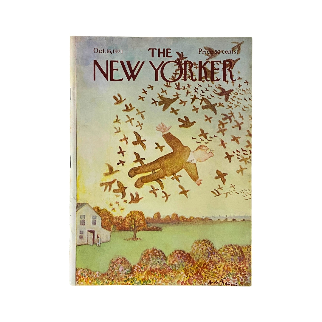 Cover of The New Yorker Complete Magazine from October 16, 1971, featuring Andre Francois artwork with a whimsical illustration of a man floating among birds.