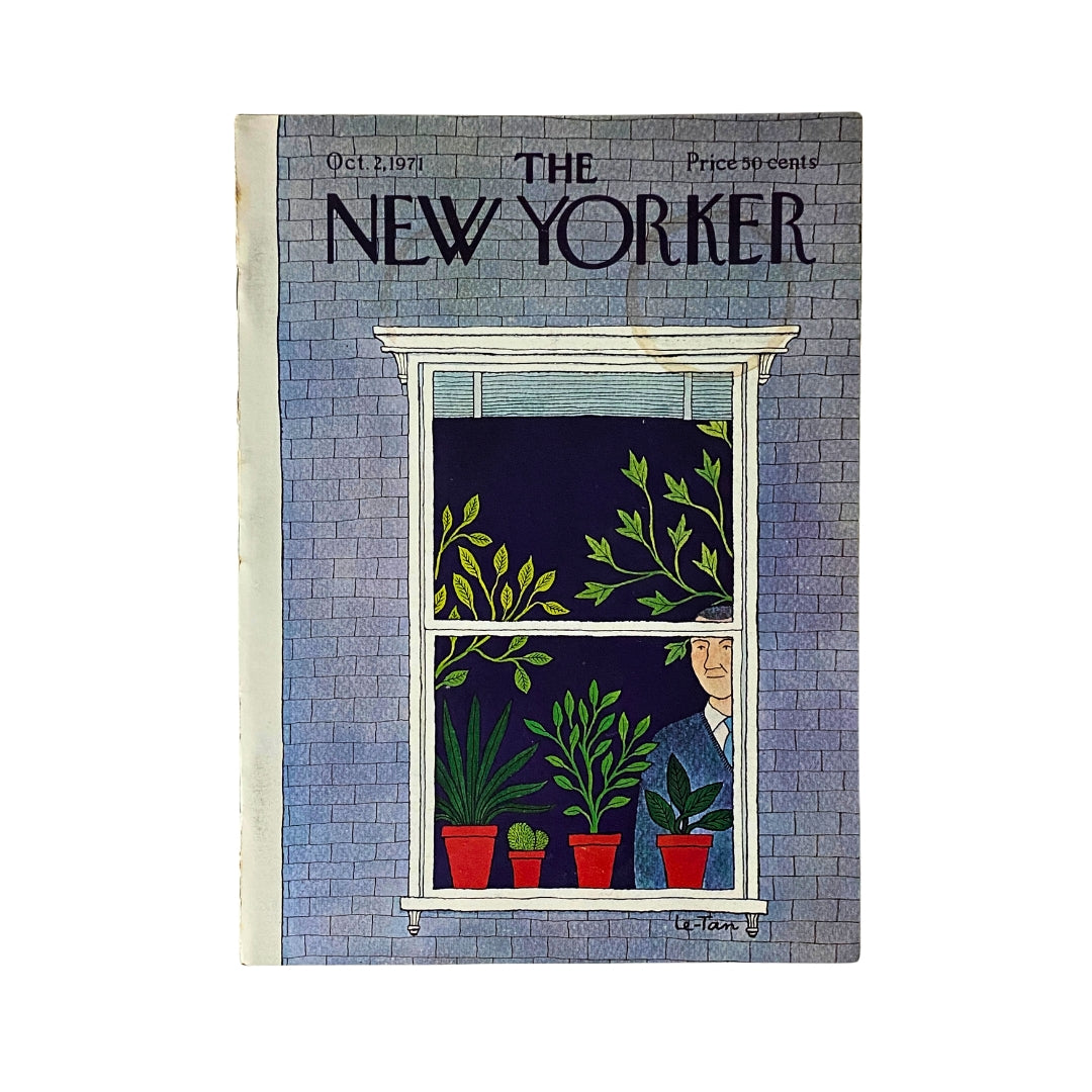 Cover of The New Yorker magazine dated October 2, 1971, featuring an illustration by Pierre Le-Tan, depicting a figure looking out a window surrounded by plants.