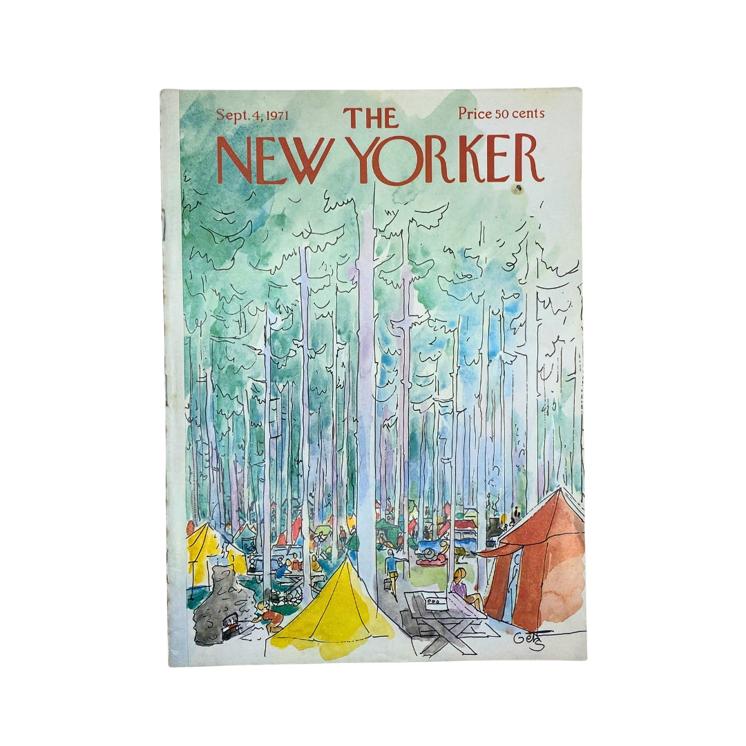 The New Yorker Complete Magazine September 4, 1971 featuring Arthur Getz cover illustration of a camping scene with tents and trees, vintage publication in very good condition.