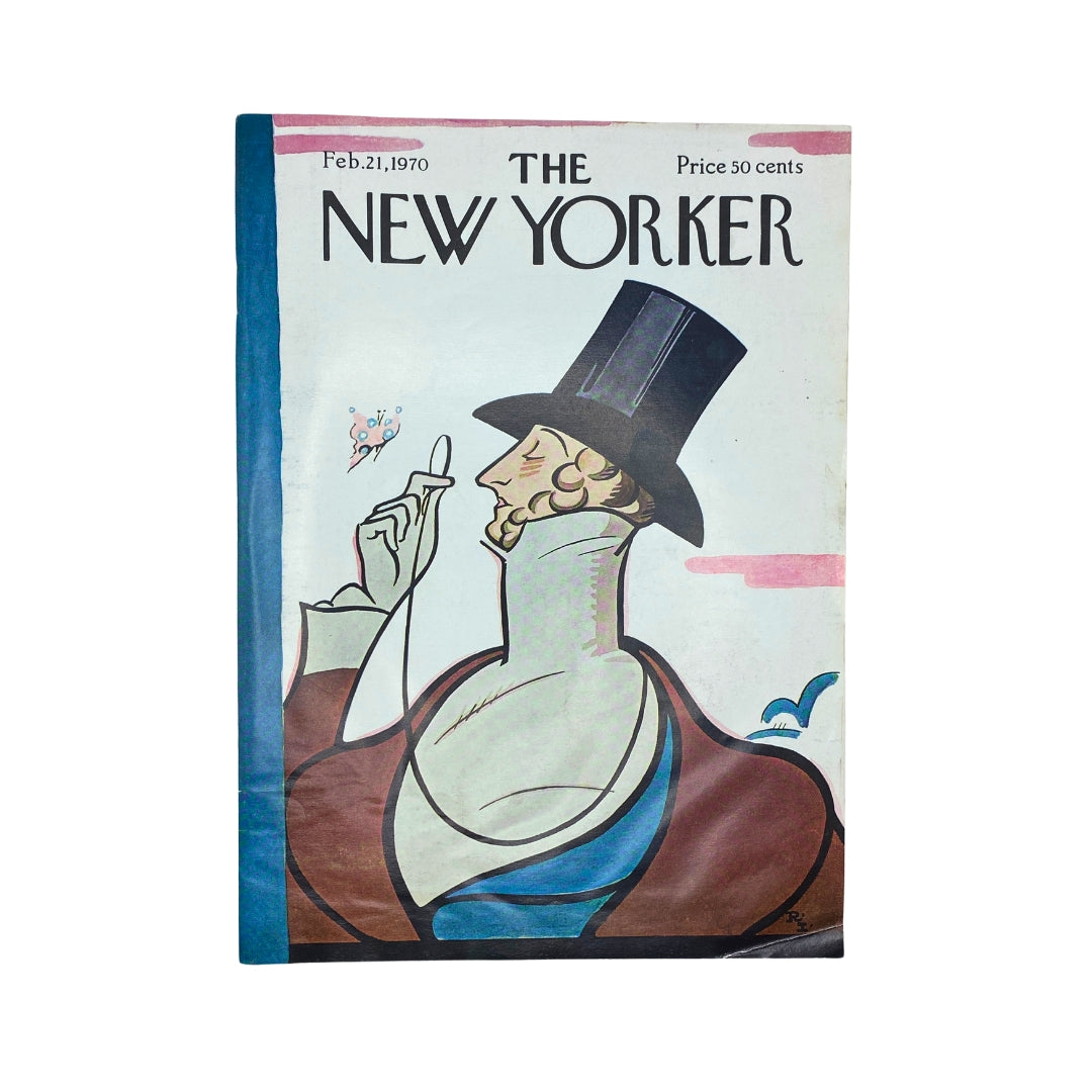 Cover of The New Yorker Complete Magazine February 21, 1970 featuring an illustration by Rea Irvin, showcasing a gentleman in a top hat.