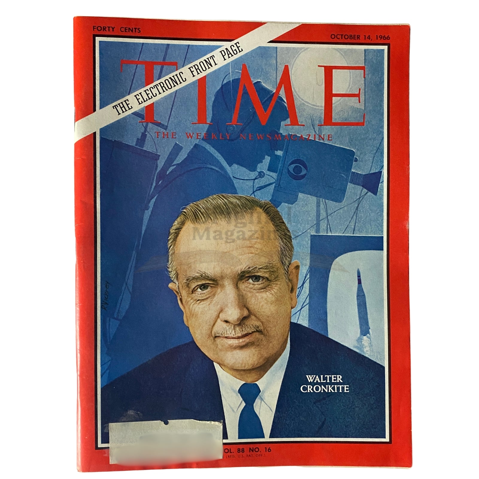 Vintage Time Magazine cover from October 14, 1966, Vol 88 No. 16 featuring Walter Cronkite, showcasing the influential journalist in a blue illustration against a bright red background.
