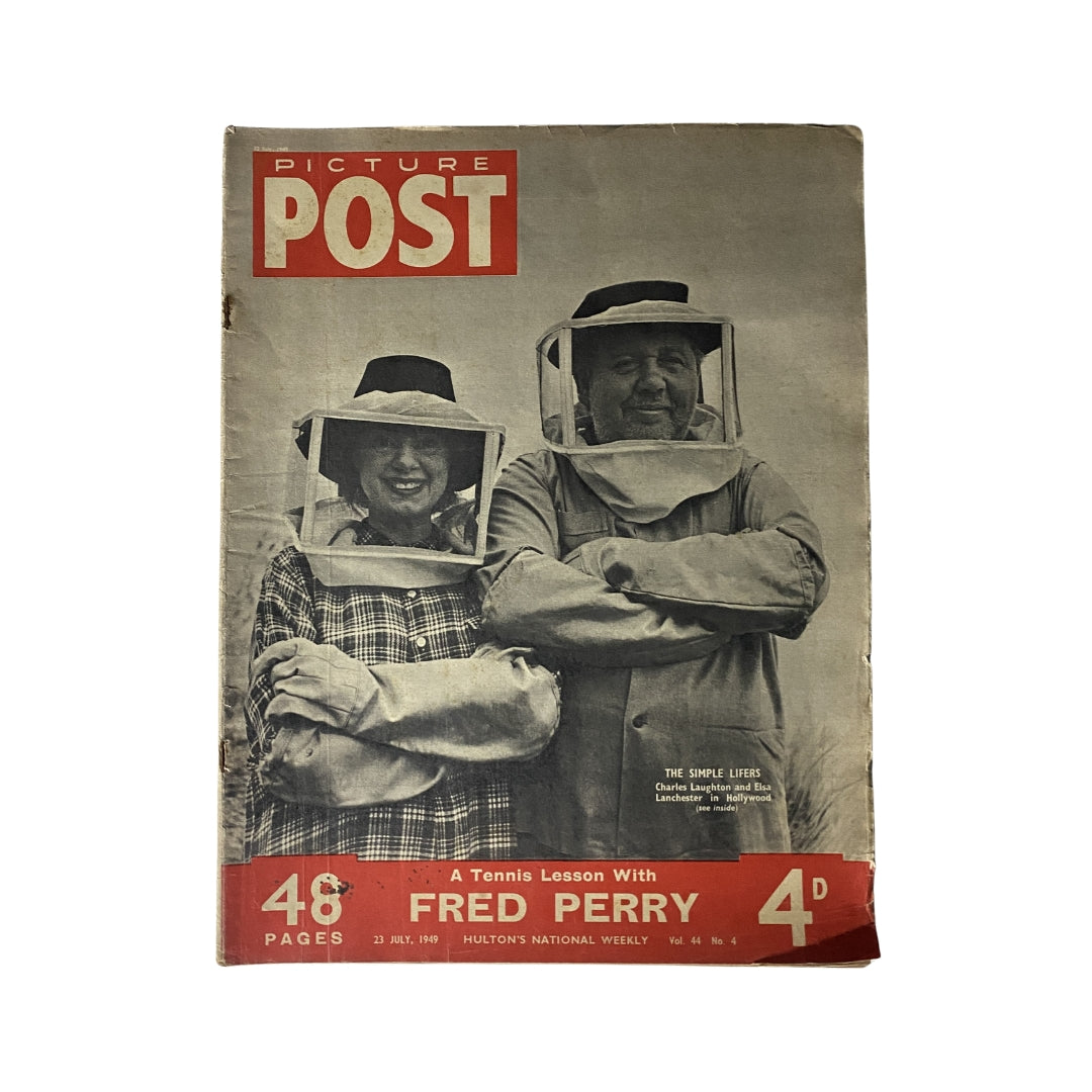 Cover of Picture Post Magazine from July 23, 1949 featuring Hollywood icons Charles Laughton and Elsa Lanchester, highlighting a tennis lesson with Fred Perry.