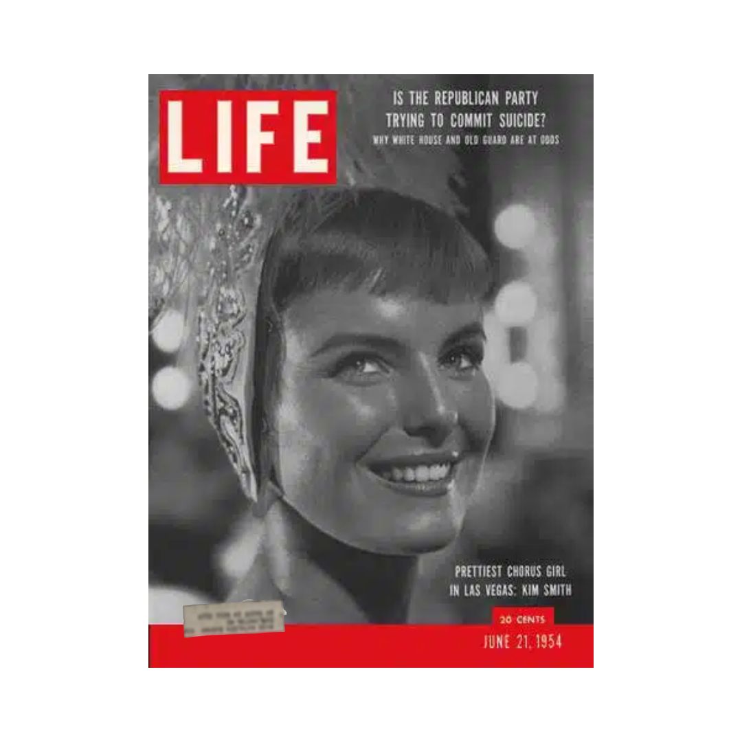Cover of Life Magazine from June 21, 1954 featuring Kim Smith, recognized as the prettiest chorus girl in Las Vegas, with a smiling expression and vintage hairstyle.