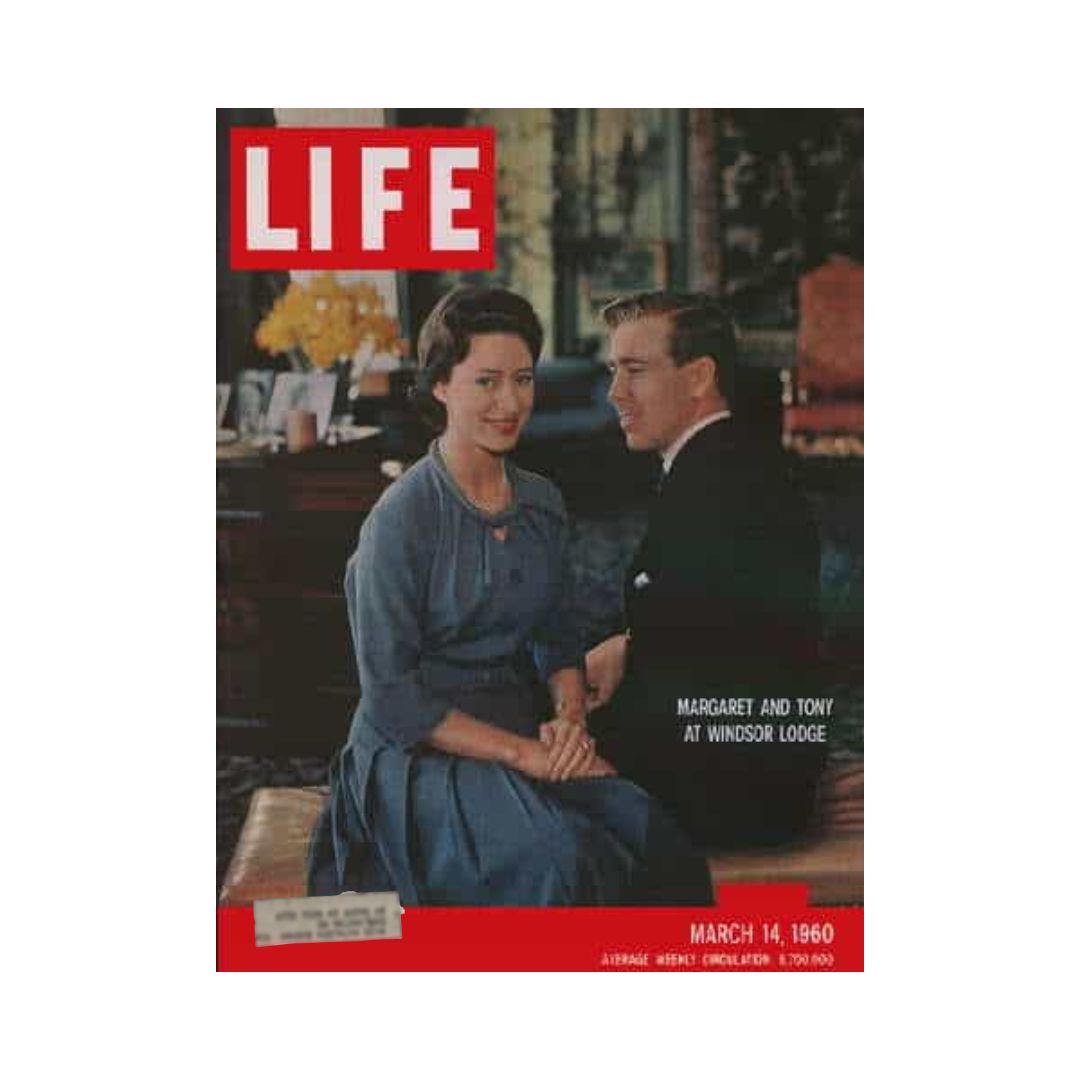 Cover of Life Magazine from March 14, 1960, featuring Princess Margaret and Tony Armstrong-Jones at Windsor Lodge, showcasing a pivotal moment in royal history.