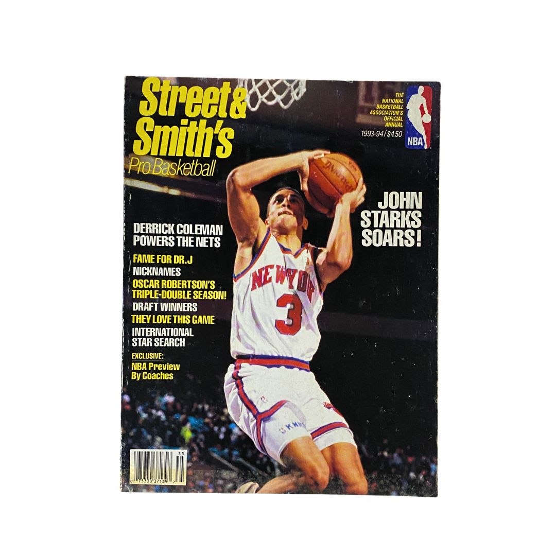 Cover of Street & Smith's Pro Basketball Magazine from the 1993-1994 season featuring John Starks in action, holding a basketball with headlines highlighting key NBA topics.