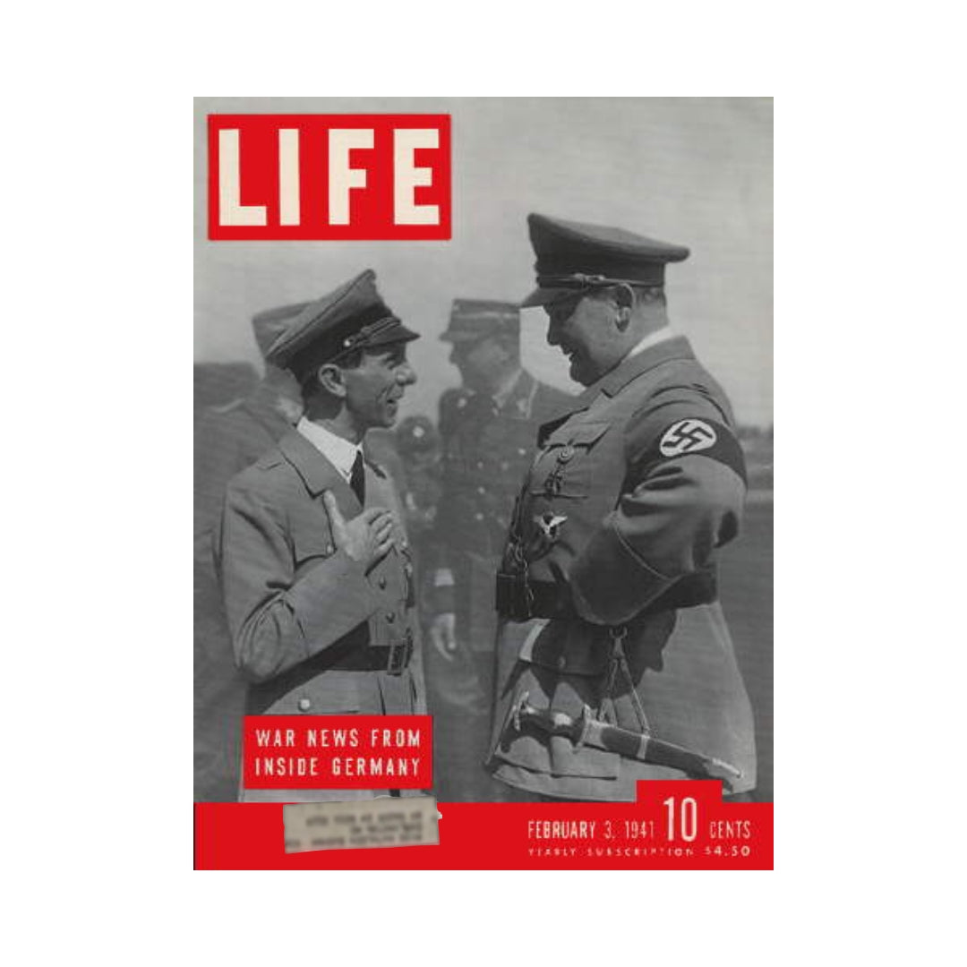 Cover of VTG Life Magazine February 3, 1941 featuring German Nazi leaders Goebbels and Goering, with bold red lettering stating 'War News from Inside Germany'.