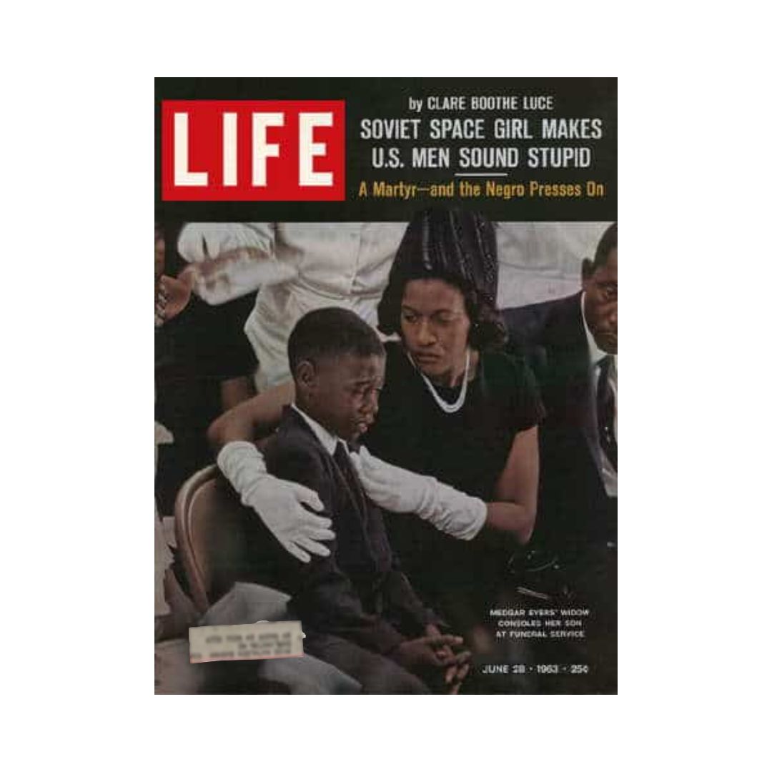 Cover of Life Magazine from June 28, 1963, featuring Medgar Evers' widow consoling her son at his funeral, a poignant moment reflecting the impact of the Civil Rights Movement.