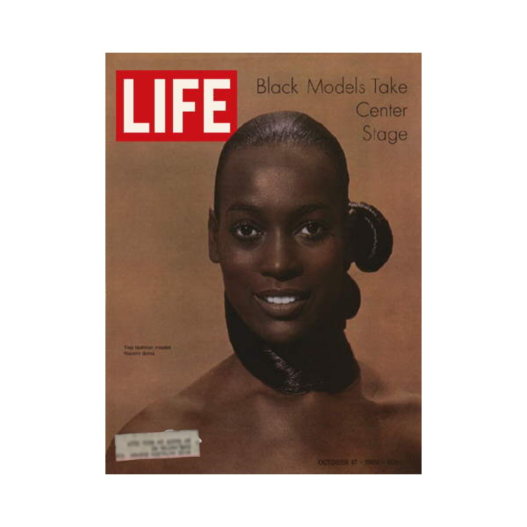 Cover of Life Magazine from October 17, 1969, featuring Naomi Sims, the first African American supermodel, highlighting the theme 'Black Models Take Center Stage' in fashion.
