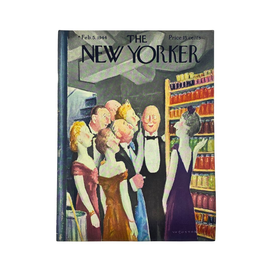 Cover of The New Yorker magazine dated February 5, 1944, featuring an illustration by William Cotton, depicting a group of elegantly dressed figures in a social setting.