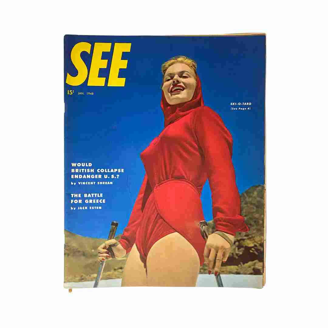 Front cover of VTG See Magazine January 1948 Vol 7 No. 1 featuring Kristine Miller in a red outfit against a blue sky.