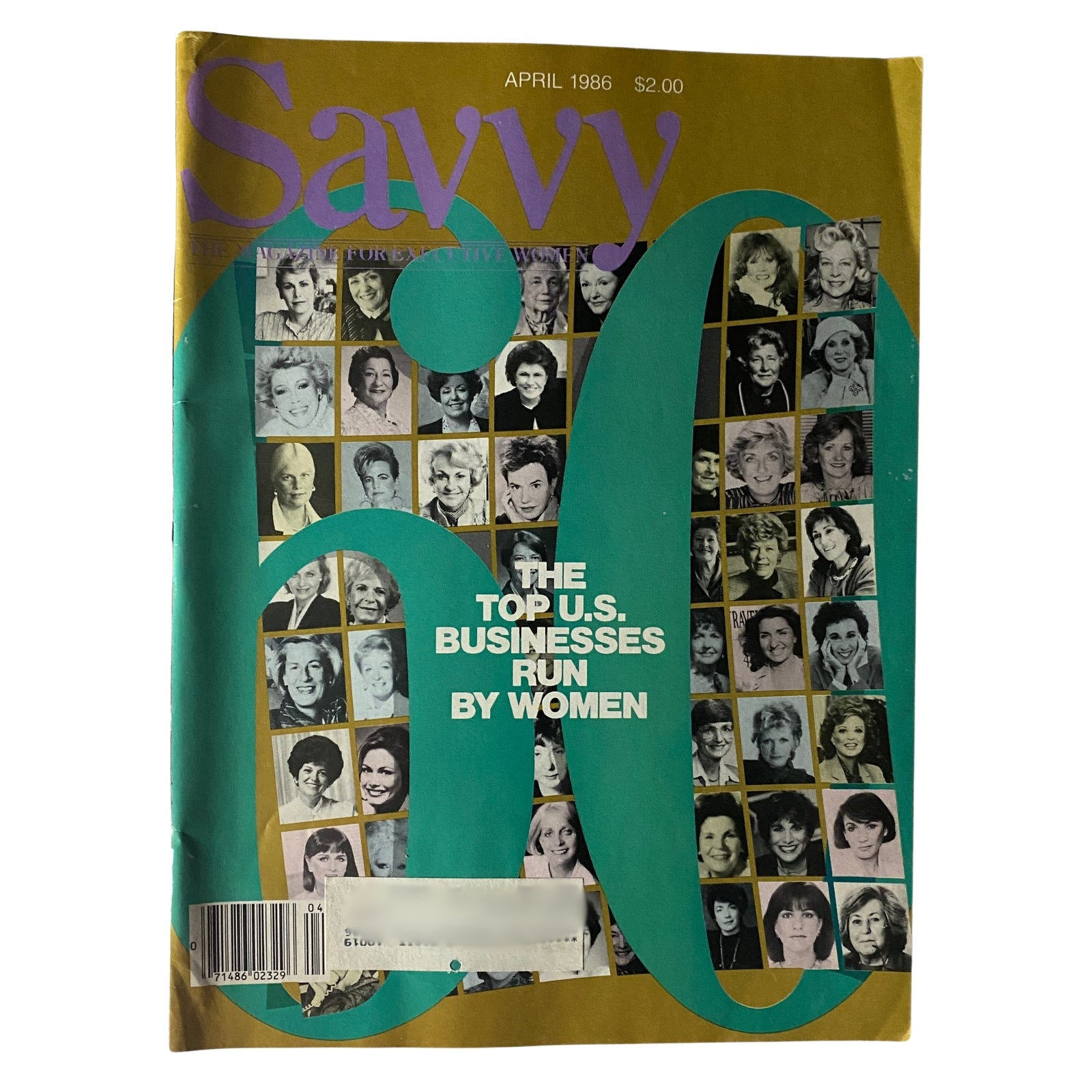 Savvy Magazine April 1986 cover featuring the title 'The Top U.S. Businesses Run by Women', showcasing a collage of women leaders in business.