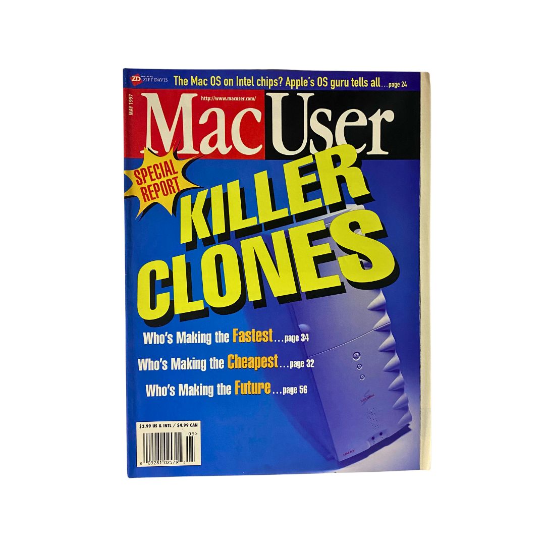 Mac User Magazine May 1997 issue featuring a cover story on Intel chips, highlighted as 'Killer Clones'. The magazine showcases technology advancements from that era.