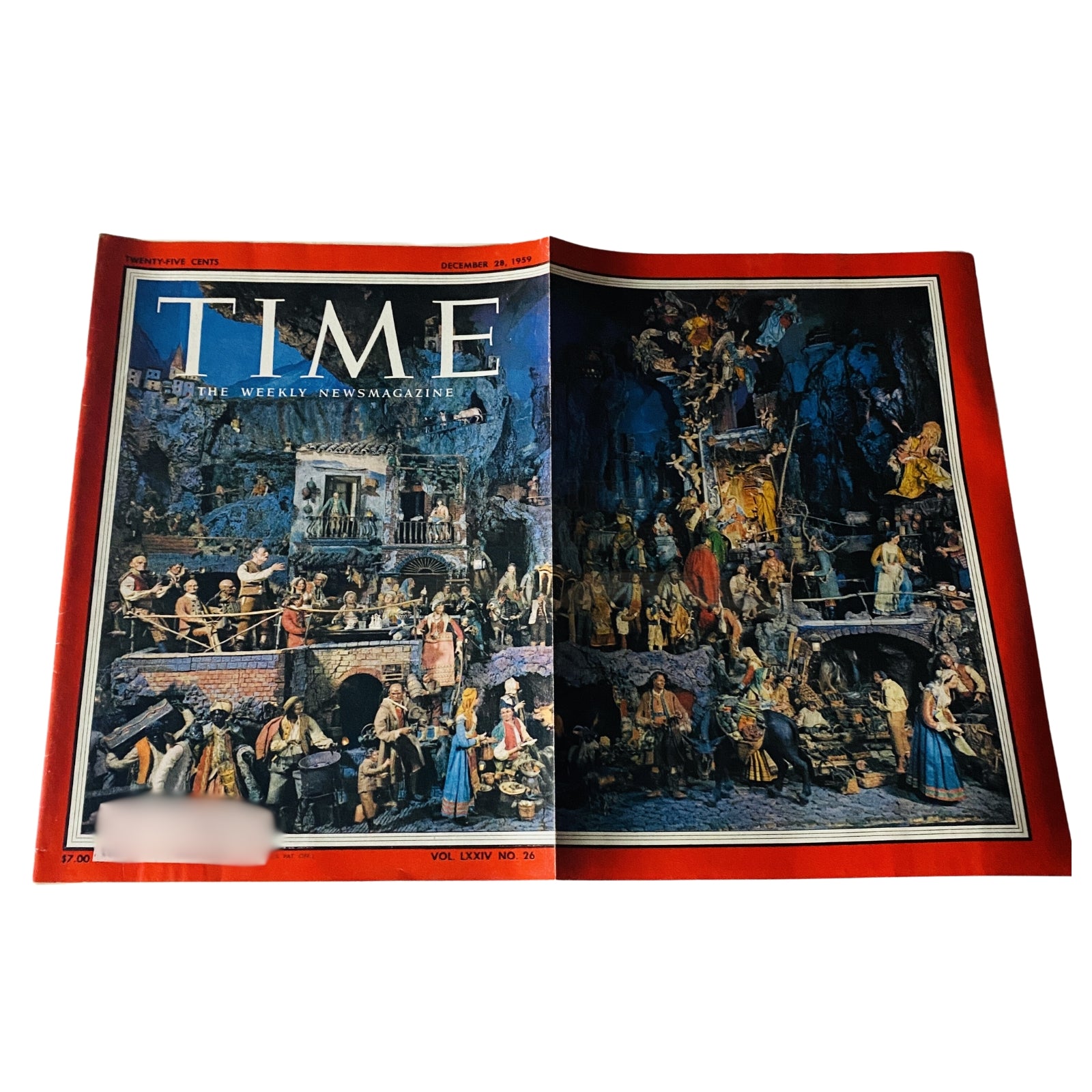 Open interior of Time Magazine December 28, 1959, Vol 74 No. 26 displaying a large illustration of an 18th-century crèche, capturing festive holiday traditions.